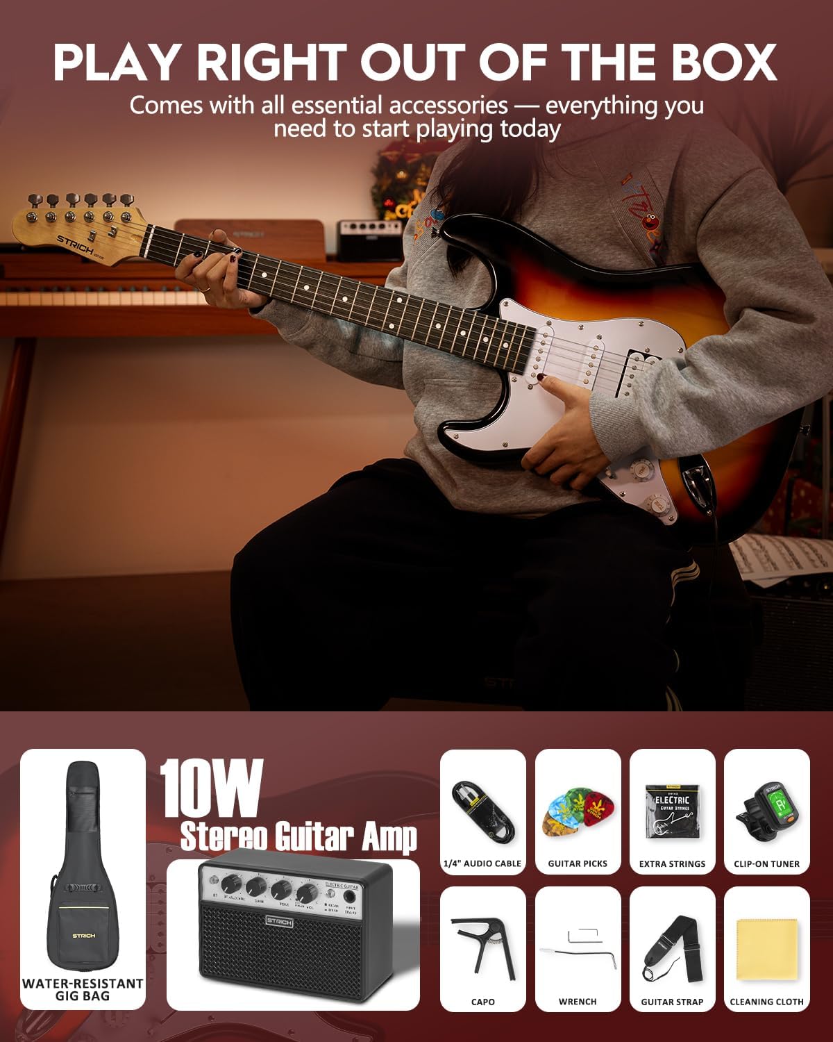 STRICH Electric Guitar Left Hand Beginner Kit, Solid Body 39' Electric Guitar HSS Pick Up for Starter, with 5W x 2 Amp, Bag, Capo, Strap, String,Cable, Picks, SST-S20L Sunburst