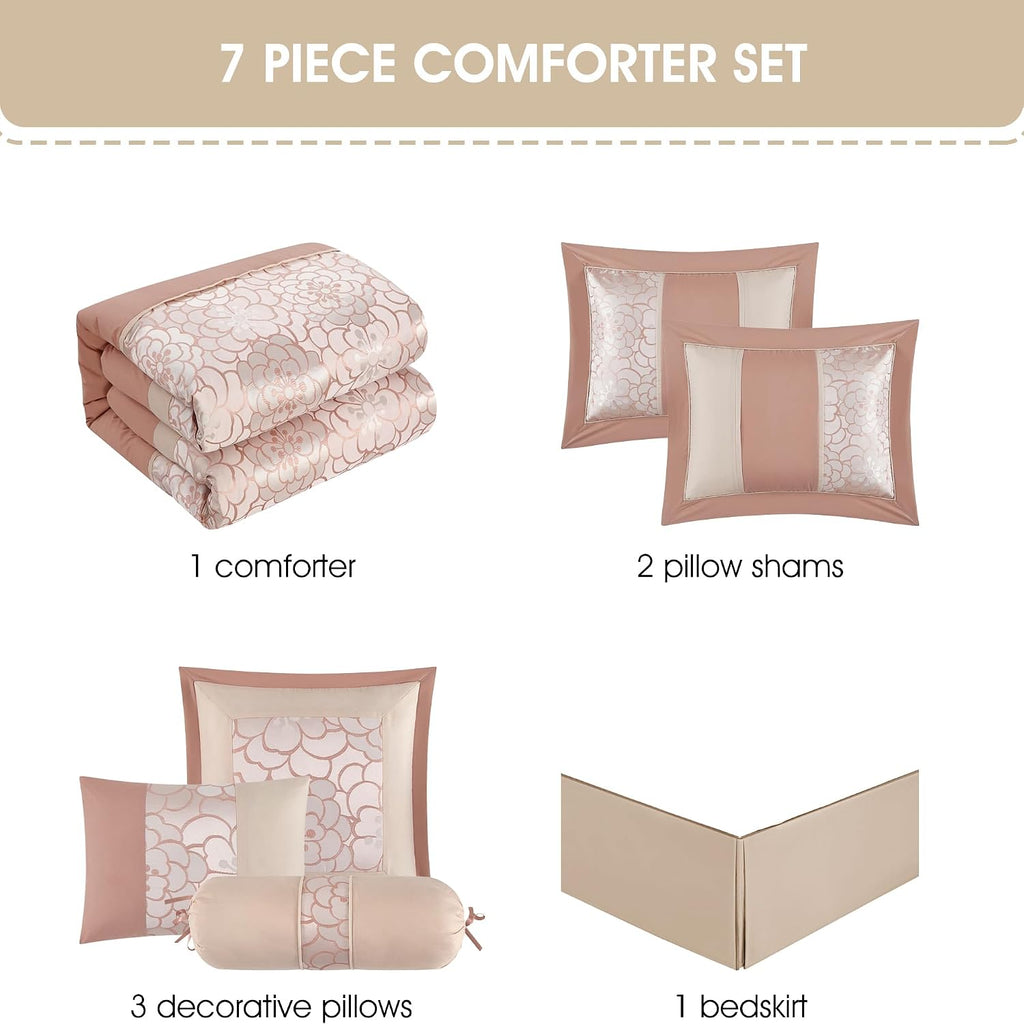 Grand Avenue Blush Comforter Set King Size, 7 Piece Jacquard Soft Bedding Set, All Season, Bedskirt, Pillows & Shams