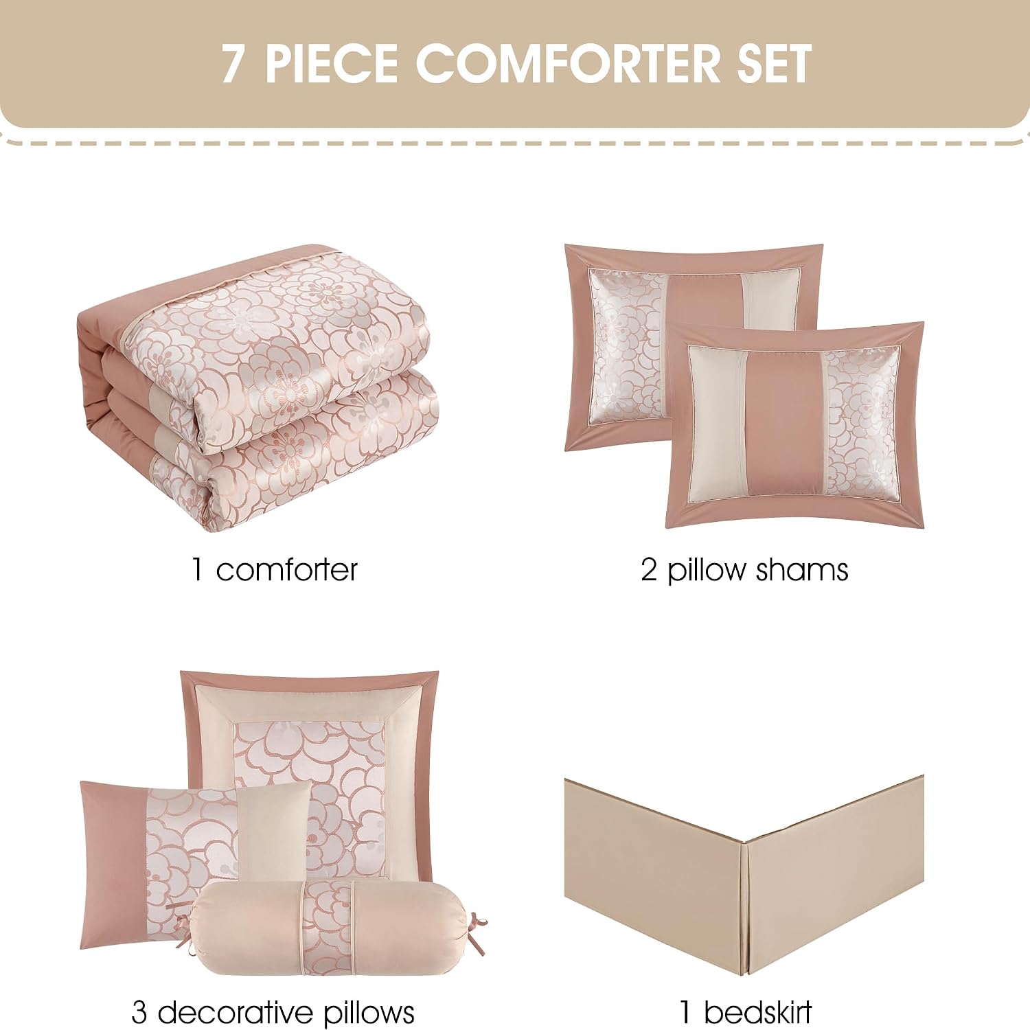 Grand Avenue Blush Comforter Set King Size, 7 Piece Jacquard Soft Bedding Set, All Season, Bedskirt, Pillows & Shams