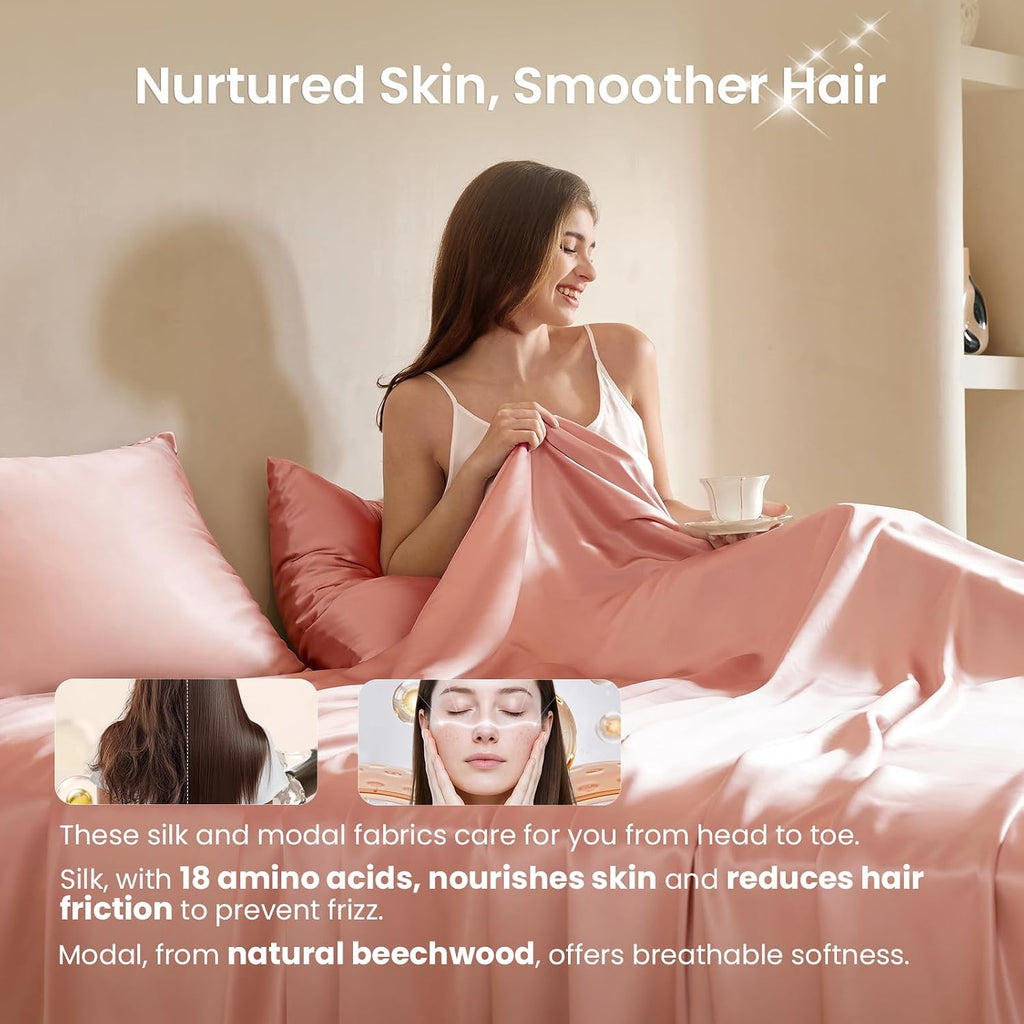 THXSILK Luxury Mulberry Silk Bed Sheets Set - 4pcs Silk Sheets Set 16' Deep Pocket - 1 Fitted Sheet, 1 Flat Sheet, 2 Pillowcases with Zipper Closure - Full, Charming Pink