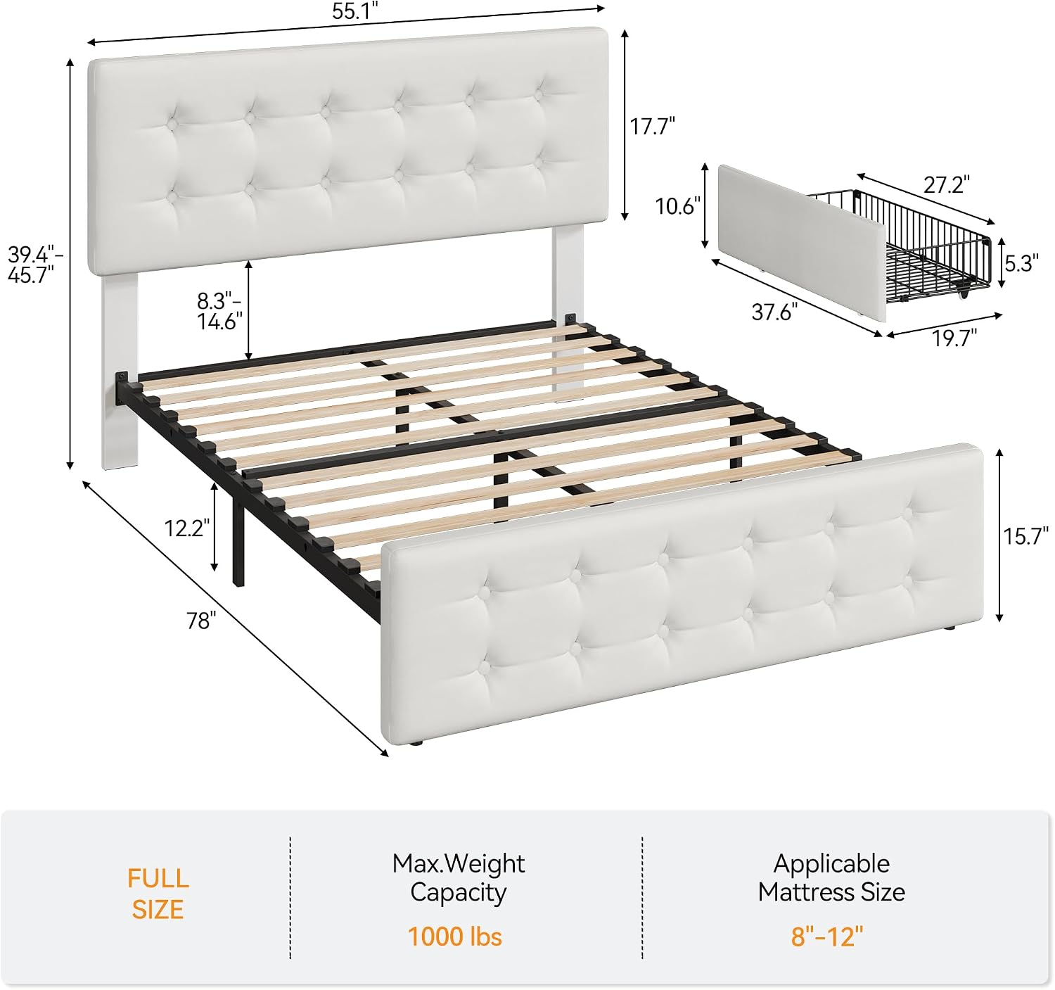 Full Size Platform Bed Frame with 4 Storage Drawers & Headboard, Faux Leather Upholstered, Button Tufted Design, Wooden Slats Support, Noise-Free Mattress Foundation, No Box Spring Needed, Beige