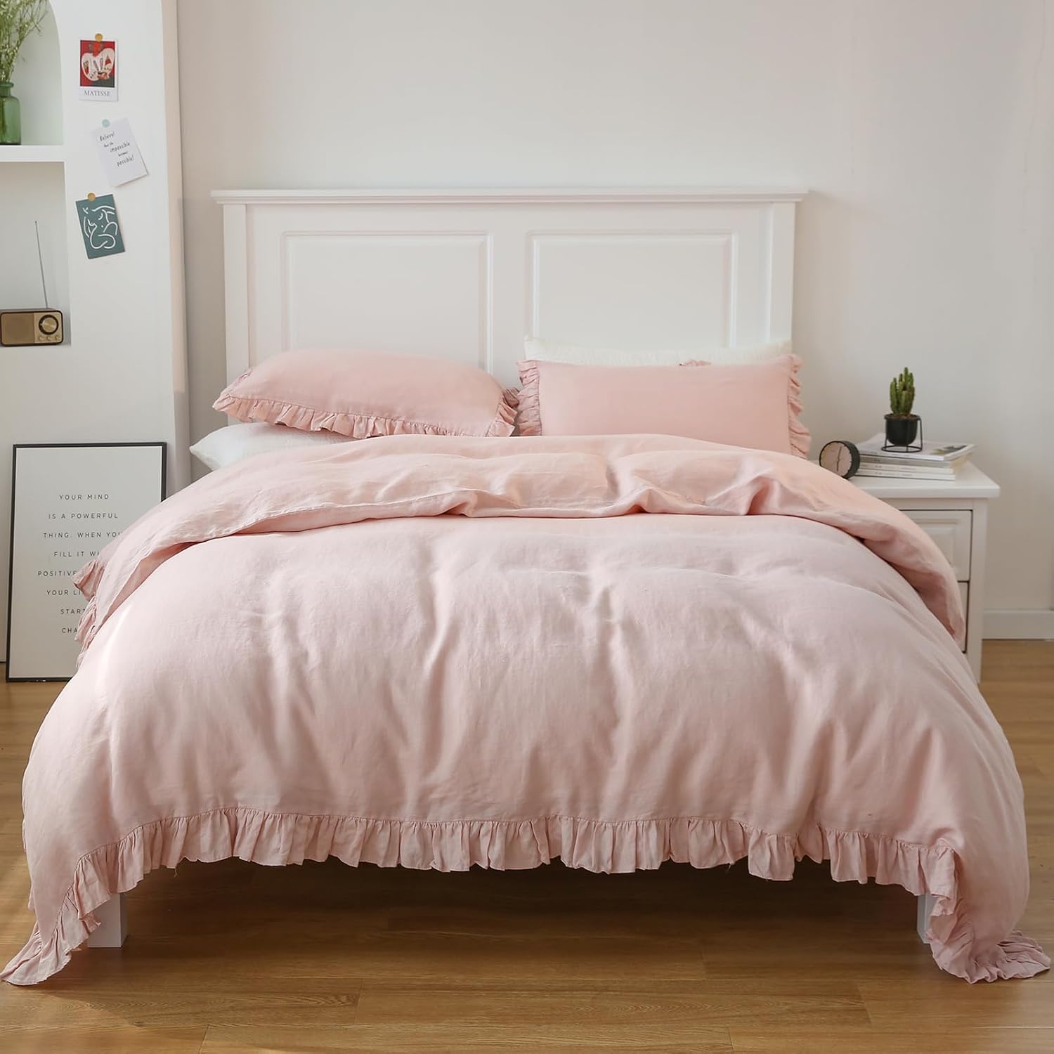 Simple&Opulence 100% Linen Duvet Cover Set, Natural French Flax Blush Pink Ruffle Duvet Cover Twin Size, Breathable Comfy Linen Bedding Comforter Cover with 1 Pillowcase (Blush Pink, 68' X 86')
