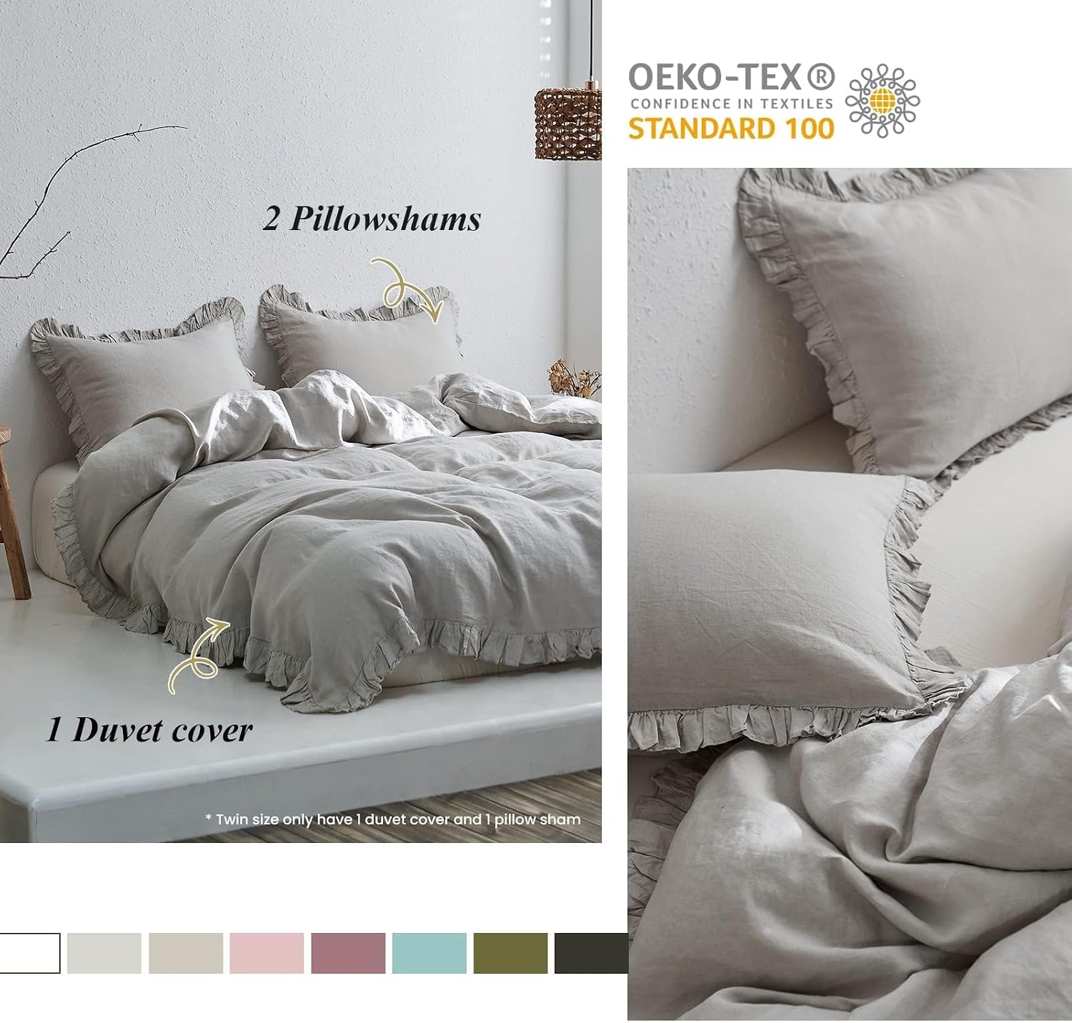 Simple&Opulence 100% Linen Duvet Cover Set, 3 PCS Natural French Flax Light Grey Ruffle Duvet Cover King Size, Breathable Comfy Linen Bedding Comforter Cover with 2 Pillowcases(Light Grey, 104'X 92')