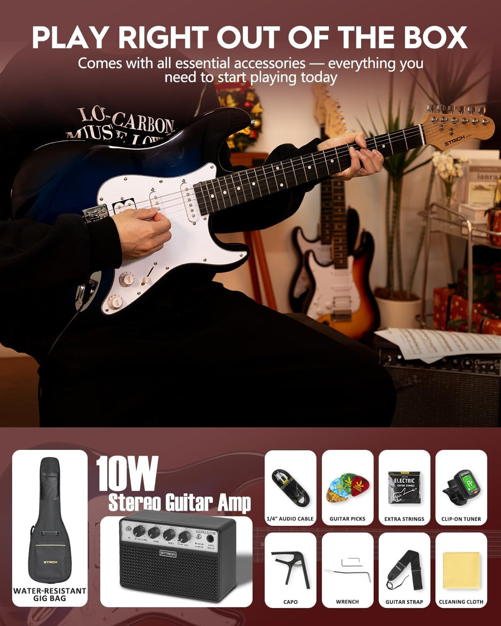 STRICH Electric Guitar Beginner Kit, Solid Body 39' Full Size Electric Guitar SSS Pick Up for Starter,with Bag, Digital Tuner, Capo, Strap, String, Cable, Picks, SST-S10 Midnight Blue Burst