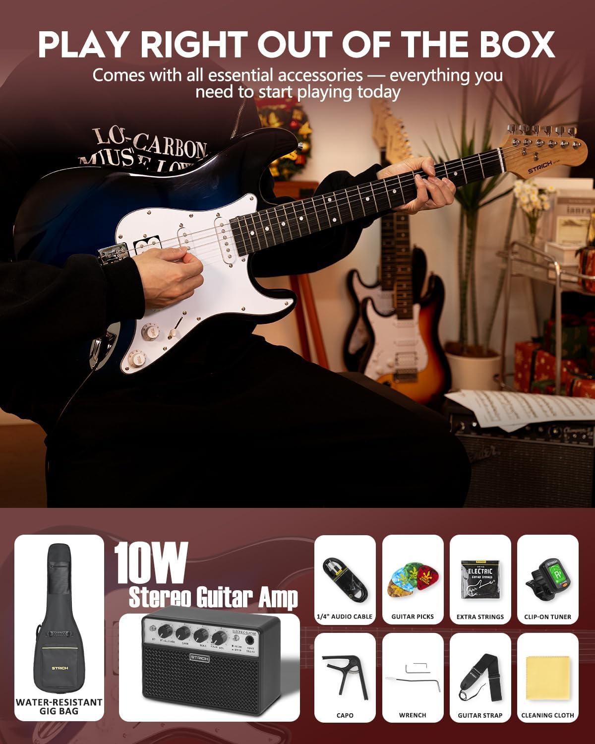 STRICH Electric Guitar Beginner Kit, Solid Body 39' Full Size Electric Guitar SSS Pick Up for Starter,with Bag, Digital Tuner, Capo, Strap, String, Cable, Picks, SST-S10 Midnight Blue Burst