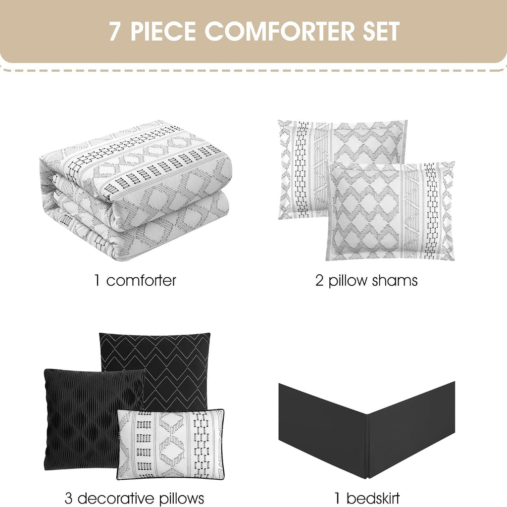 Grand Avenue 7 Piece White Black Comforter Set, Queen Size Clip Bedding Set, All Season Geometric Bedding Set, Matching Pillows, Shams, Bed Skirt
