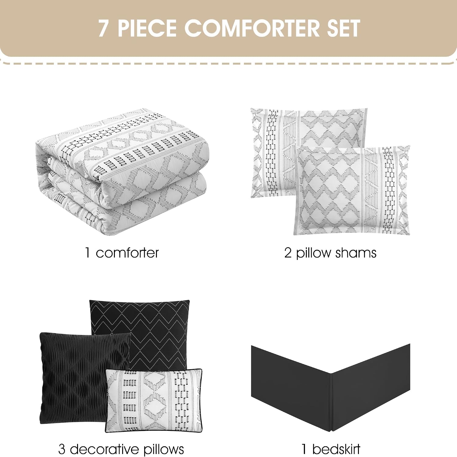 Grand Avenue 7 Piece White Black Comforter Set, Queen Size Clip Bedding Set, All Season Geometric Bedding Set, Matching Pillows, Shams, Bed Skirt