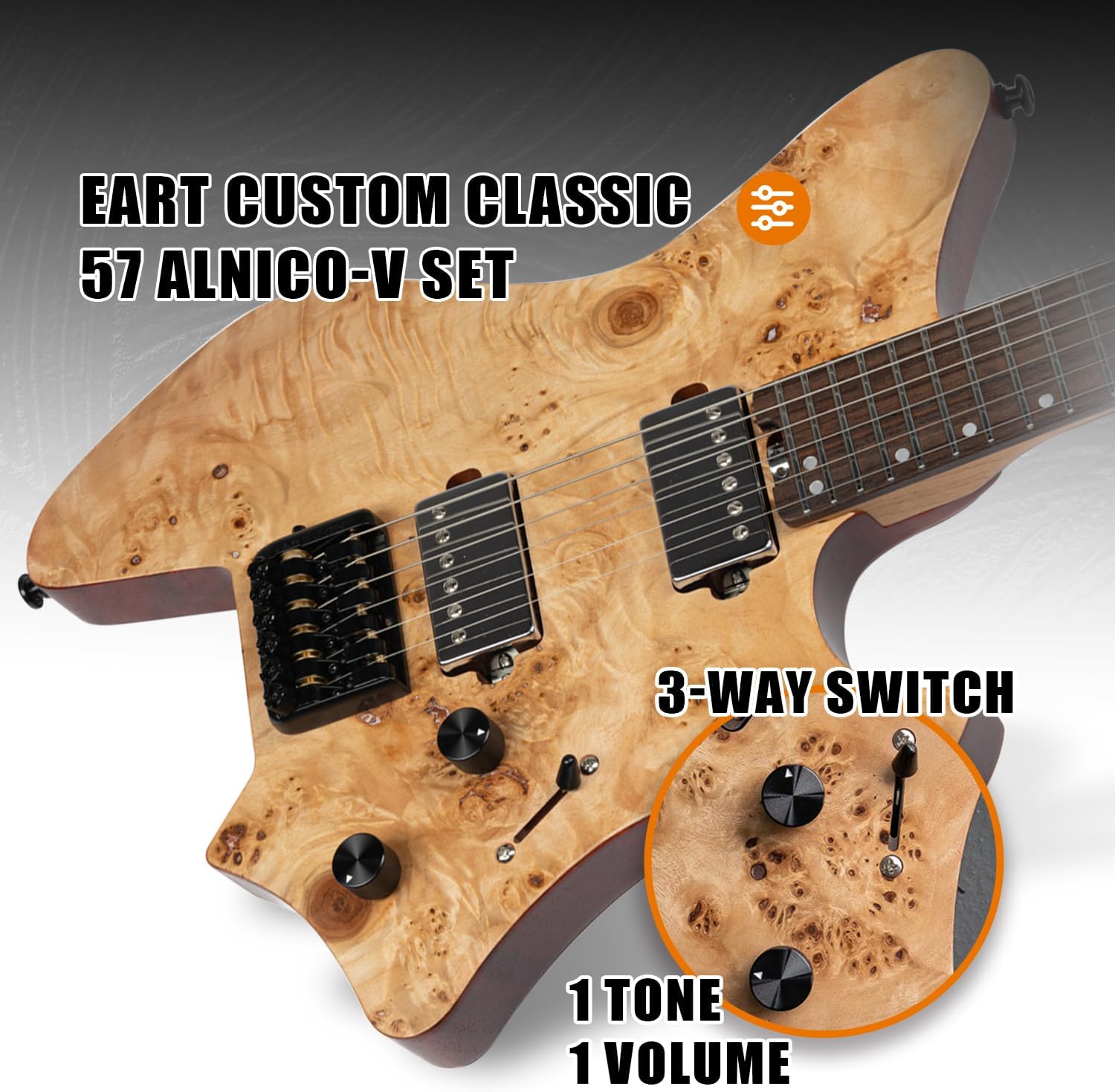 EART GW2 25.5' Headless Electric Guitar - Roasted Padauk Soild Body/5pc Maple Neck - Alnico-V Pickups, Stainless Frets