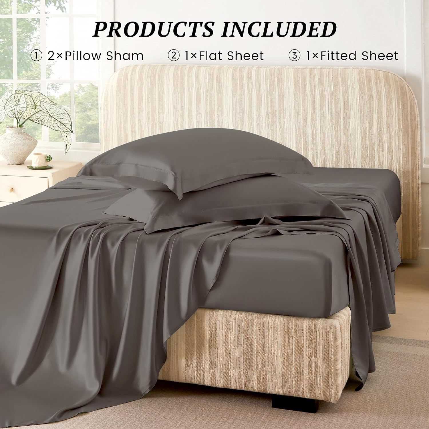 THXSILK Silk Sheet Set 4 Pcs, 25 Momme 100% Top Grade Pure Mulberry Silk Bed Sheets Luxury Bedding Sets Ultra Soft Durable, 1 Fitted Sheet, 1 Flat Sheet and 2 Pillow Shams (Full, Charcoal)
