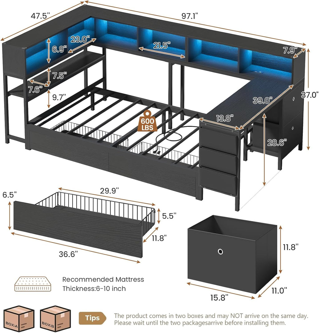 Hasuit Twin Corner Bed with Desk and Storage Bookcase, Daybed with 2 Drawers & 2 Storage Bins, Twin Size Platform Bed Frame with Charging Station and LED Light, Modern Teenagers Bedframe, Black
