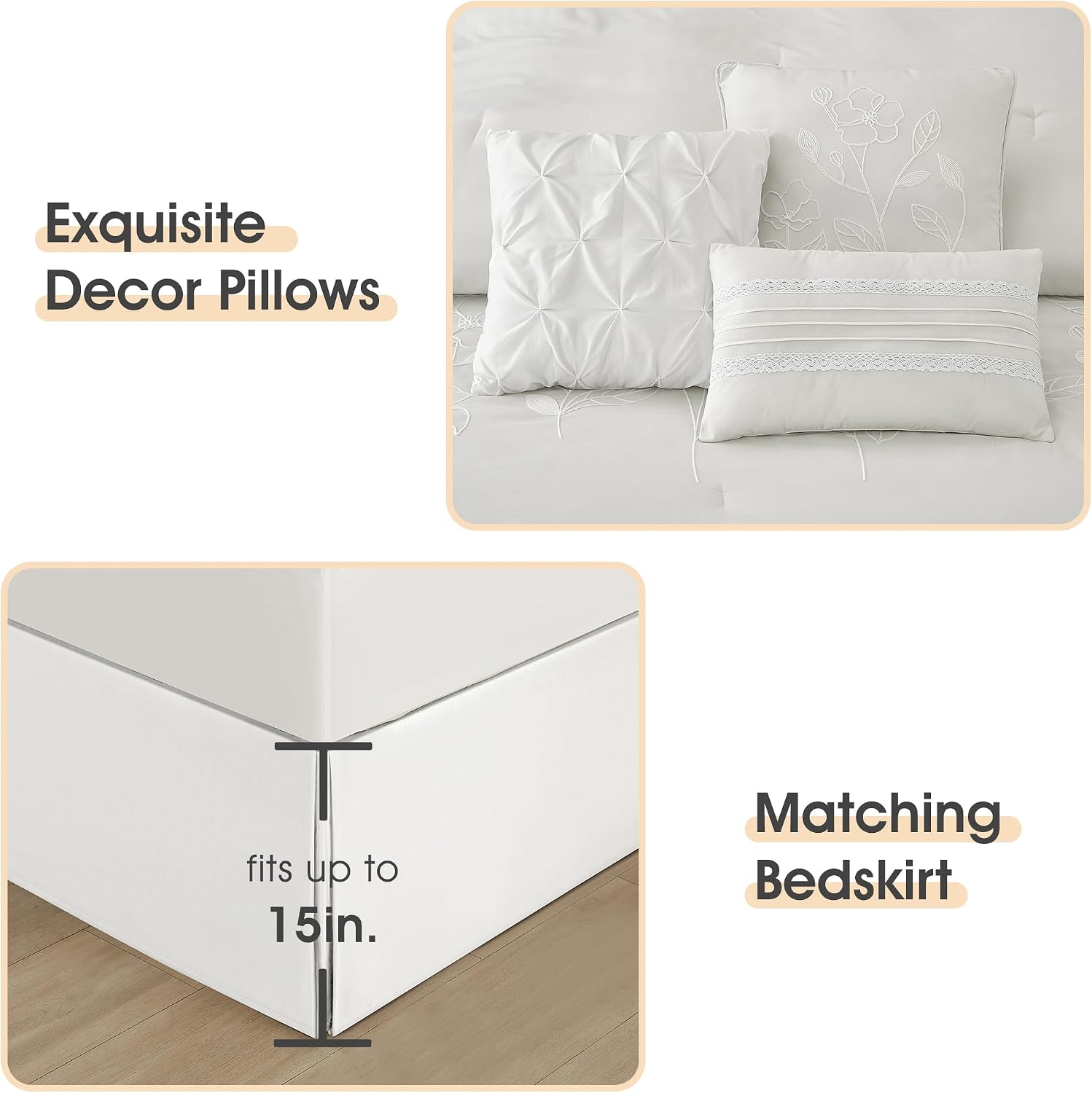 LANCO MODERN LIFESTYLE Beige King Comforter Set, Chain Stiching 3D Floral Embroidery, Exquisite and Elegant Bedding Sets, 7 Pieces Bed in a Bag, Bedskirt, Pillow Shams and Decor Pillows