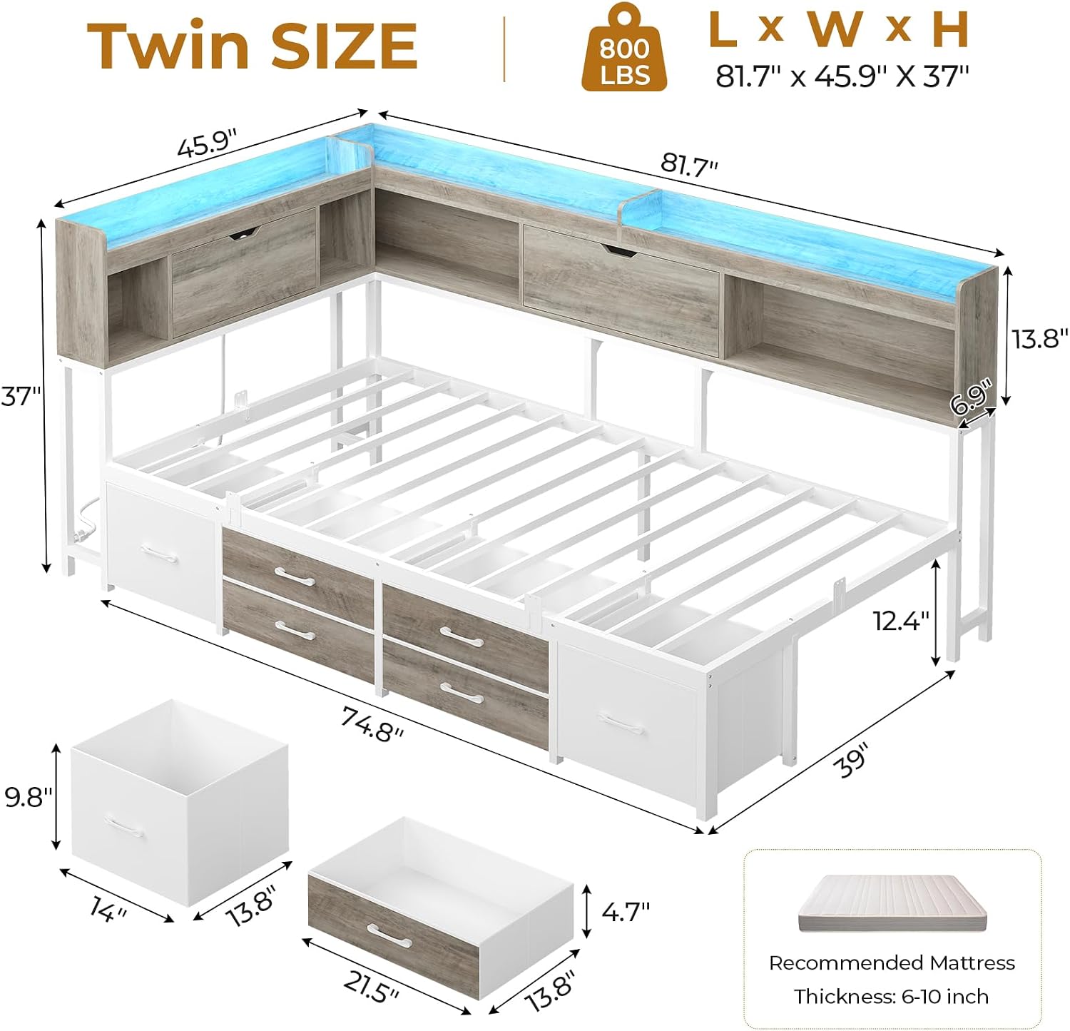AOGLLATI Twin Corner Bed Frame with Bookcase and Hidden Storage & Metal Platform Twin Size Daybed with 6 Drawers,Charging Station, Led Lights- for Kids, Teens, Grey