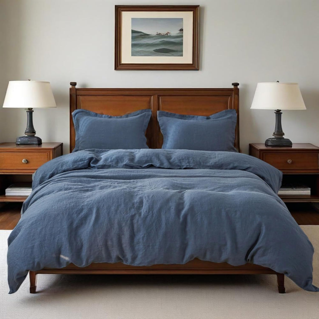Simple&Opulence 100% Linen Duvet Cover Set, 3 PCS Classic Blue Duvet Cover King Size, Breathable Soft Comfy Linen Bedding Comforter Cover with 2 Pillowcases(Classic Blue, 104'x92')