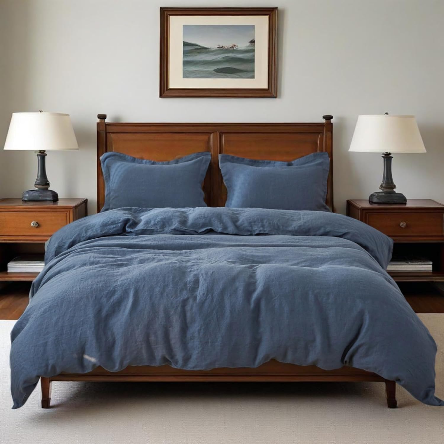 Simple&Opulence 100% Linen Duvet Cover Set, 3 PCS Classic Blue Duvet Cover King Size, Breathable Soft Comfy Linen Bedding Comforter Cover with 2 Pillowcases(Classic Blue, 104'x92')
