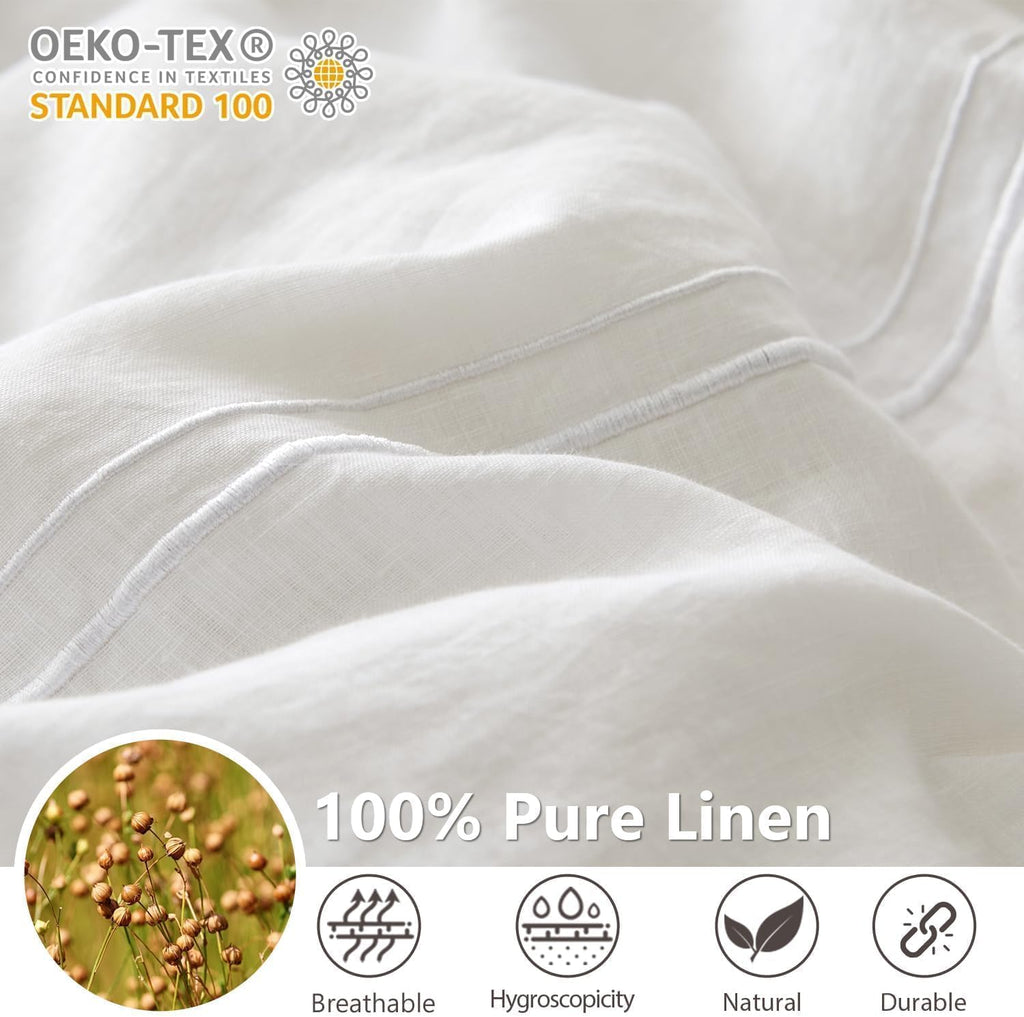 Simple&Opulence 100% Washed Linen Duvet Cover Set 104'x92' - 3 Pieces Soft Farmhouse Comforter Cover Set Double Embroidered with Button Closure - 1 Duvet Cover and 2 Pillowcases (White, King)
