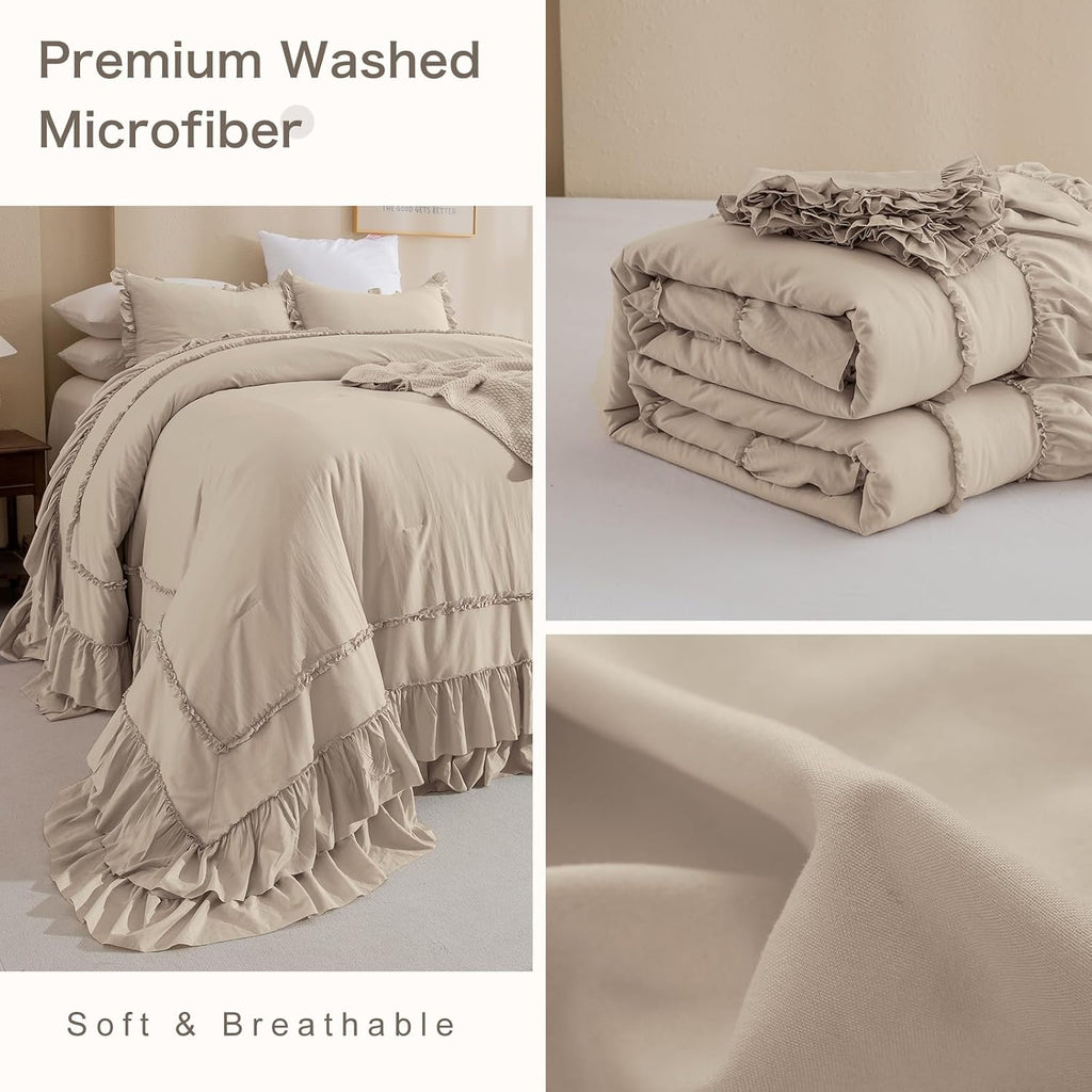 Masaca Ruffled Oversized King Comforter 120x98,Farmhouse Shabby Boho Chic Ruffle California King Comforter Set 3 Pieces French Country Vintage Rustic Bedding for All Season