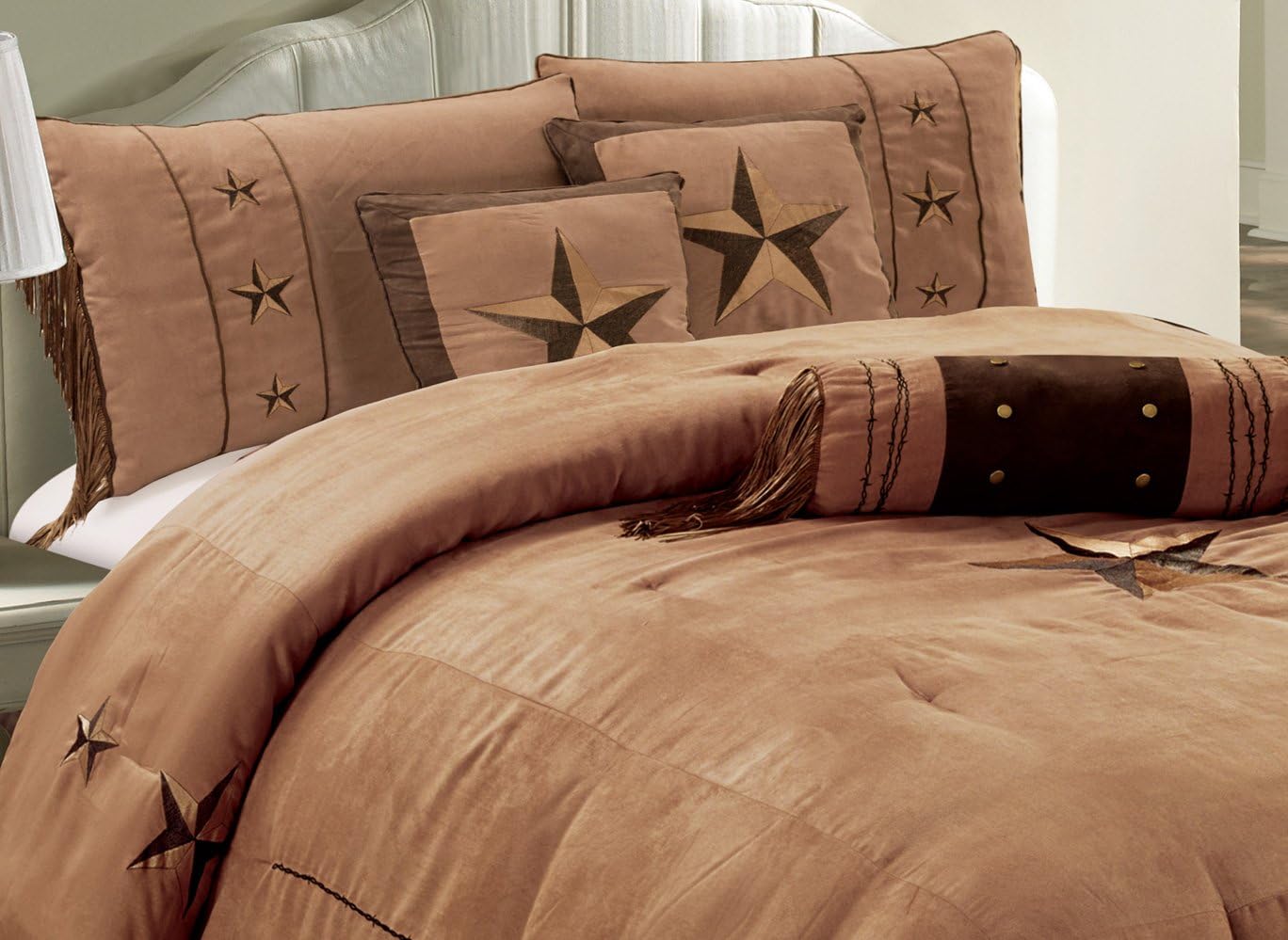 Grand Linen 7 Piece Western Decor Lodge Oversize King Comforter Set Taupe/Brown - Embroidered Lone Star Barbed Wire Micro Suede Bedding