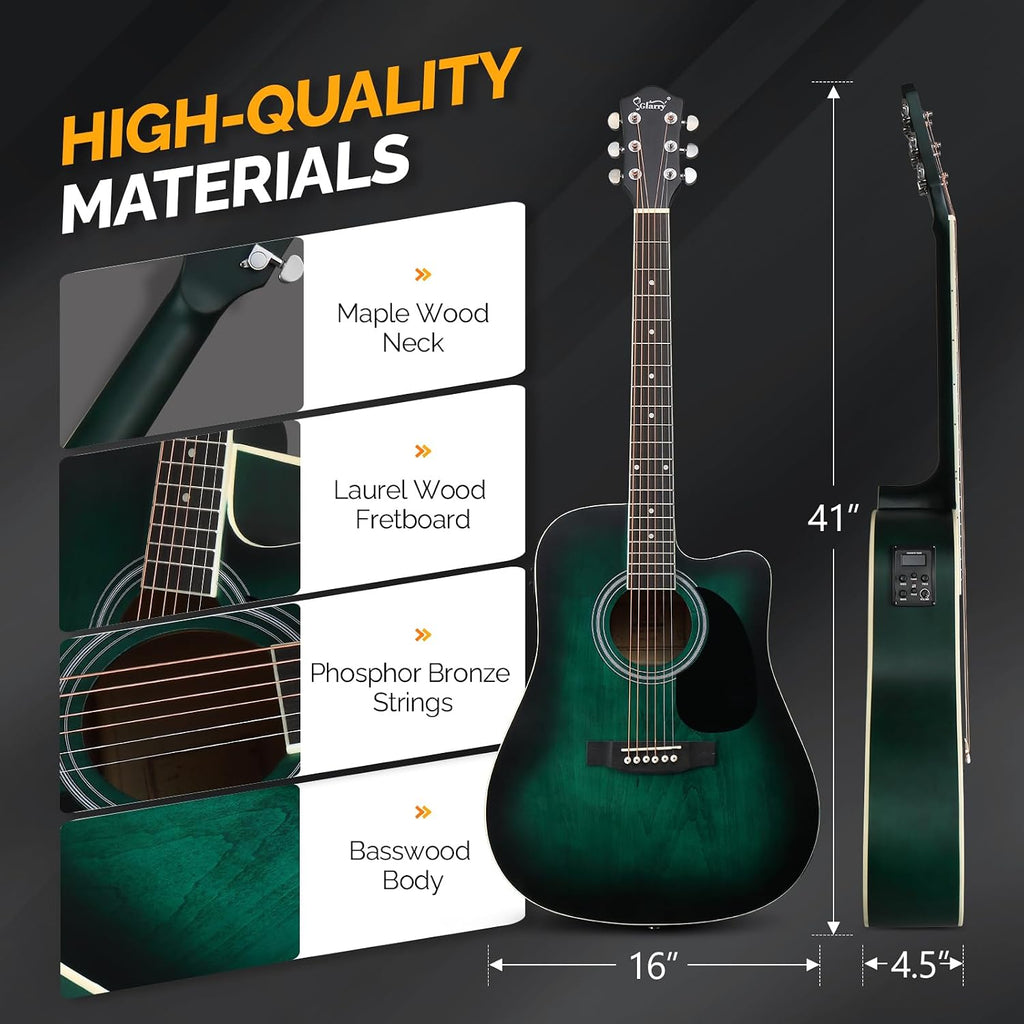 GLARRY Full Size 6 Strings Acoustic Electric Guitar Beginner Kit w/ 15W Amp, Cutaway 41 Inch Electric Acoustic Guitar w/Inbuilt Tuner, Bag, Strap, Picks, Strings, Basswood Guitarra, Distressed Green