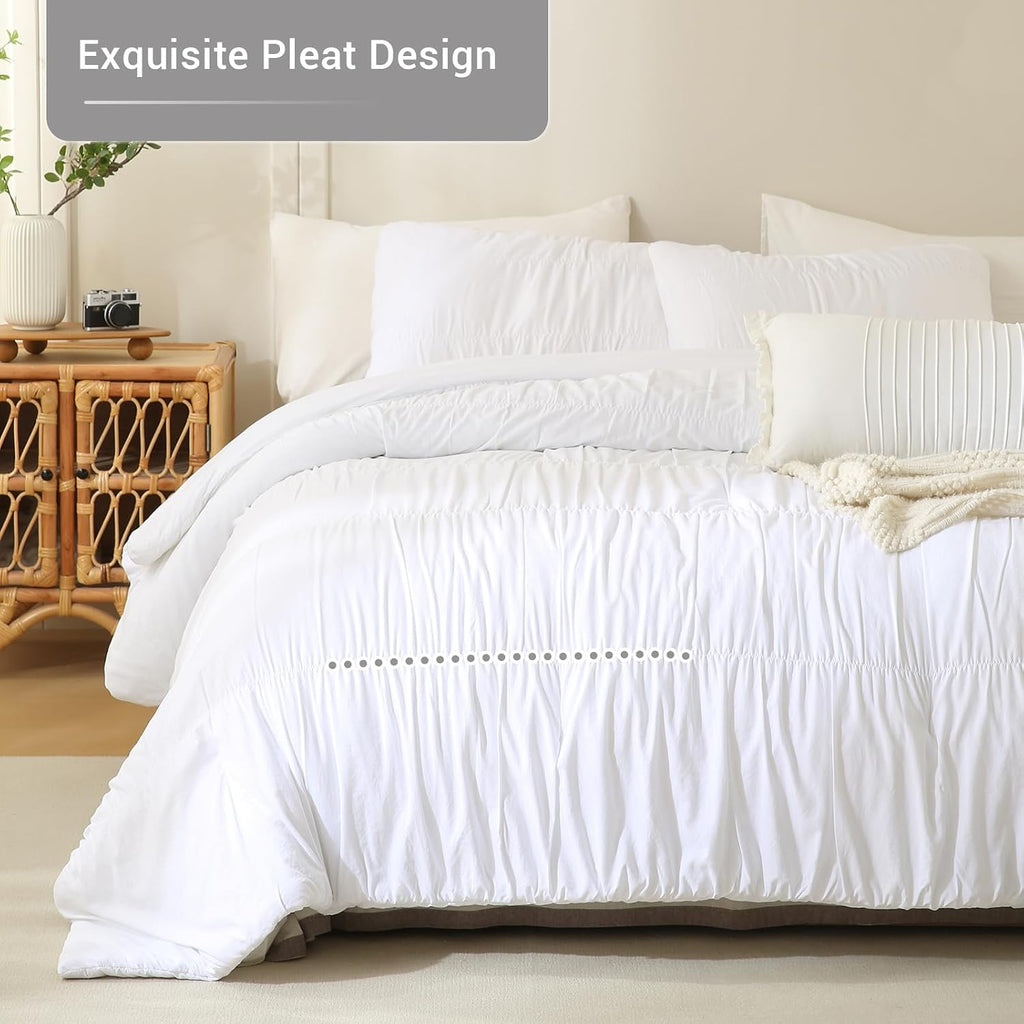 Lady Ann Oversized King Size Comforter Sets 128x120- White Ruched Bedroom Sets, Fluffy Bedding Comforter Sets, Soft & Luxurious All Season Bed Sets for Women Men, 3pcs