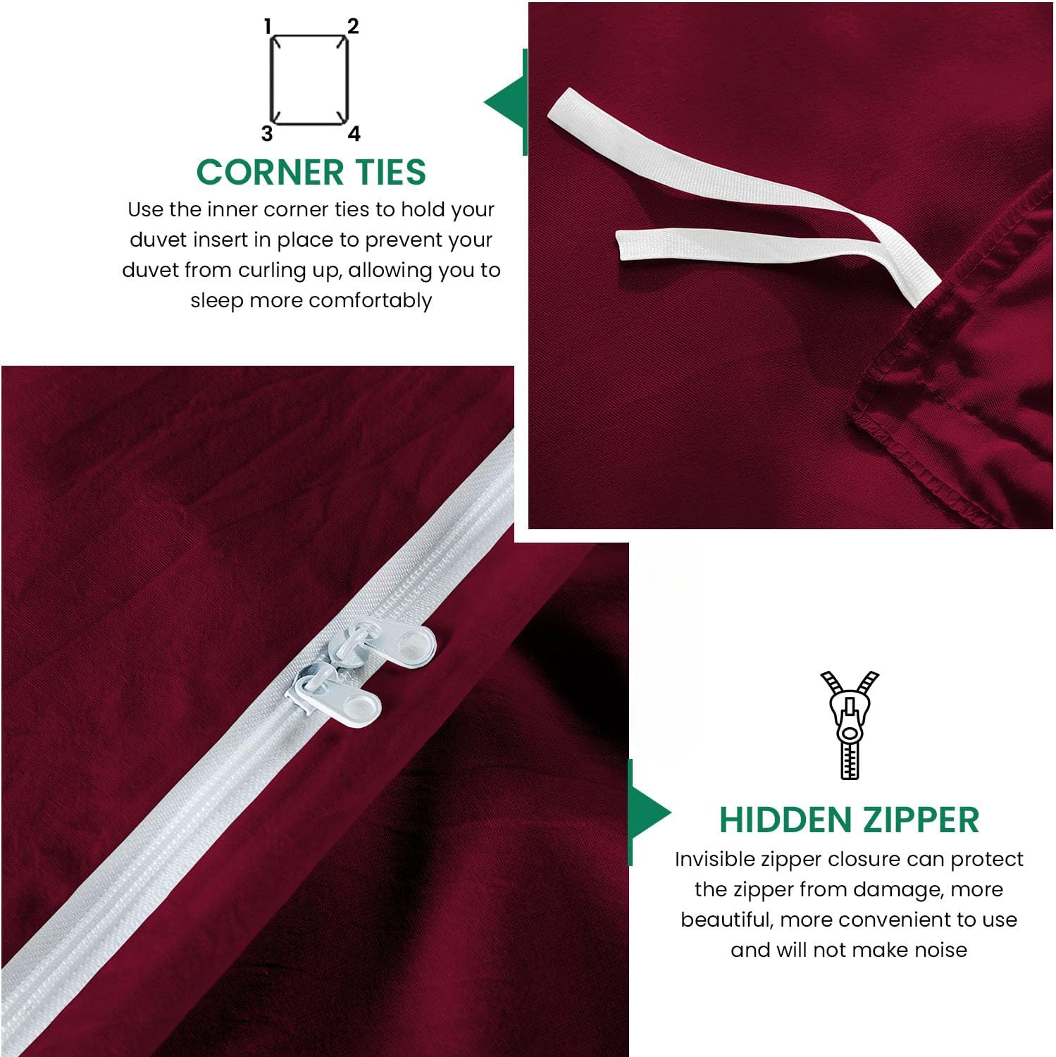 800TC 3 Sided Zipper Duvet Cover Set Soft Egyptian Cotton 3 Sided Zipper Closure, 3 PCS 1-Duvet Cover & 2- Pillow Shams - King-XL Size (98' x 116') Inches, (Solid Burgundy)