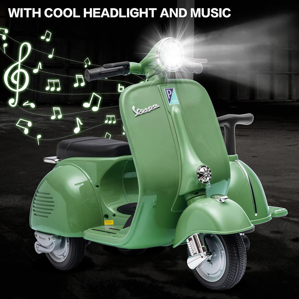 Licensed Vespa Kids Ride On Car with Side Car & Speaker | Motorcycle 2 Seater Three Wheeled Toy Car Rechargeable with Music Player, Volume Button, Lights, USB Plug, Forward, Backward, Green