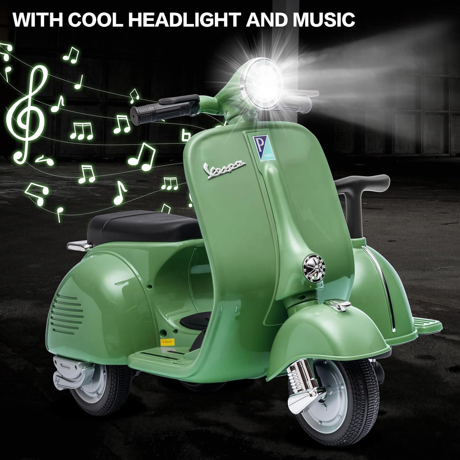 Licensed Vespa Kids Ride On Car with Side Car & Speaker | Motorcycle 2 Seater Three Wheeled Toy Car Rechargeable with Music Player, Volume Button, Lights, USB Plug, Forward, Backward, Green