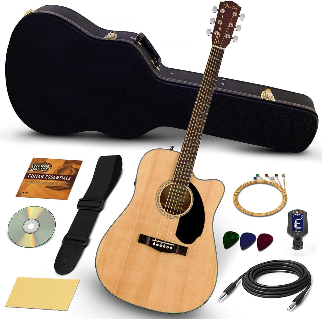 Fender CD-60SCE Solid Top Dreadnought Acoustic-Electric Guitar - Natural Bundle with Hard Case, Instrument Cable, Tuner, Strap, Strings, Picks, Austin Bazaar Instructional DVD, and Polishing Cloth