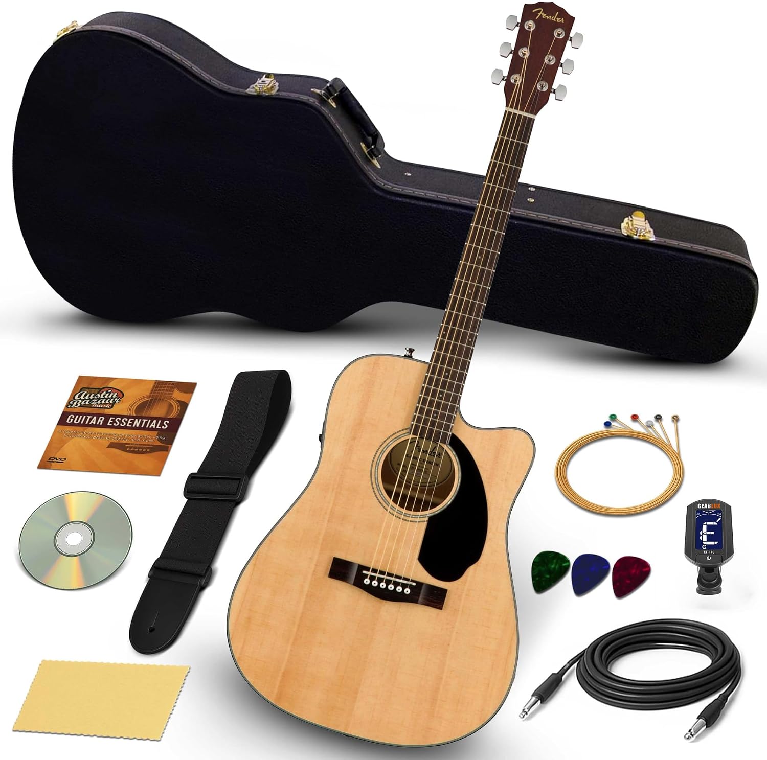 Fender CD-60SCE Solid Top Dreadnought Acoustic-Electric Guitar - Natural Bundle with Hard Case, Instrument Cable, Tuner, Strap, Strings, Picks, Austin Bazaar Instructional DVD, and Polishing Cloth
