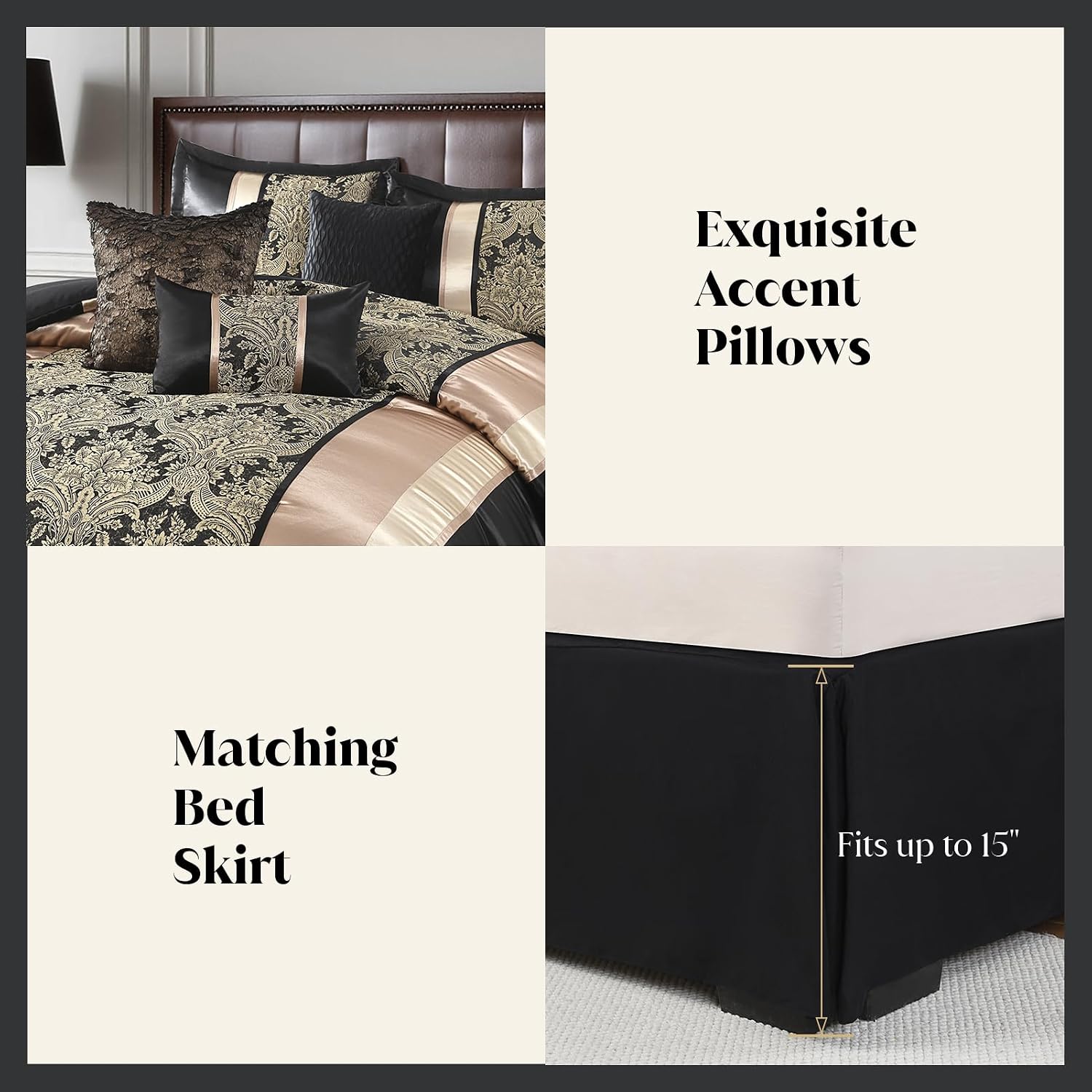 CozyDH Black Gold Jacquard Comforter Set - 7 Piece Queen Luxury Damask Floral Patchwork, All Season Down Alternative Silky Bedding Bed in a Bag with Bed Skirt, Shams, Decorative Pillows, 90x90 in