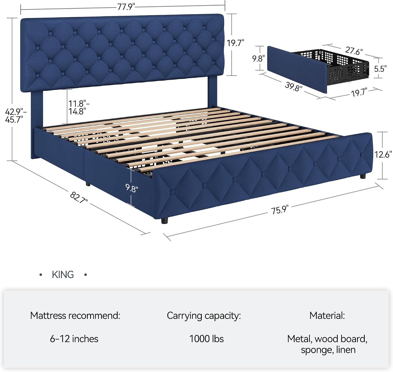 King Size Bed Frame with 4 Storage Drawers, Linen Upholstered Platform Bed Frame with Headboard and Footboard, Wooden Slats Support, Diamond Stitched Button Tufted, No Box Spring Needed, Blue