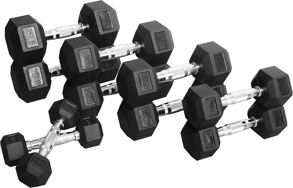 Signature Fitness Rubber Encased Hex Dumbbell, Set Including 5, 10, 15, 20, 25LB Pairs