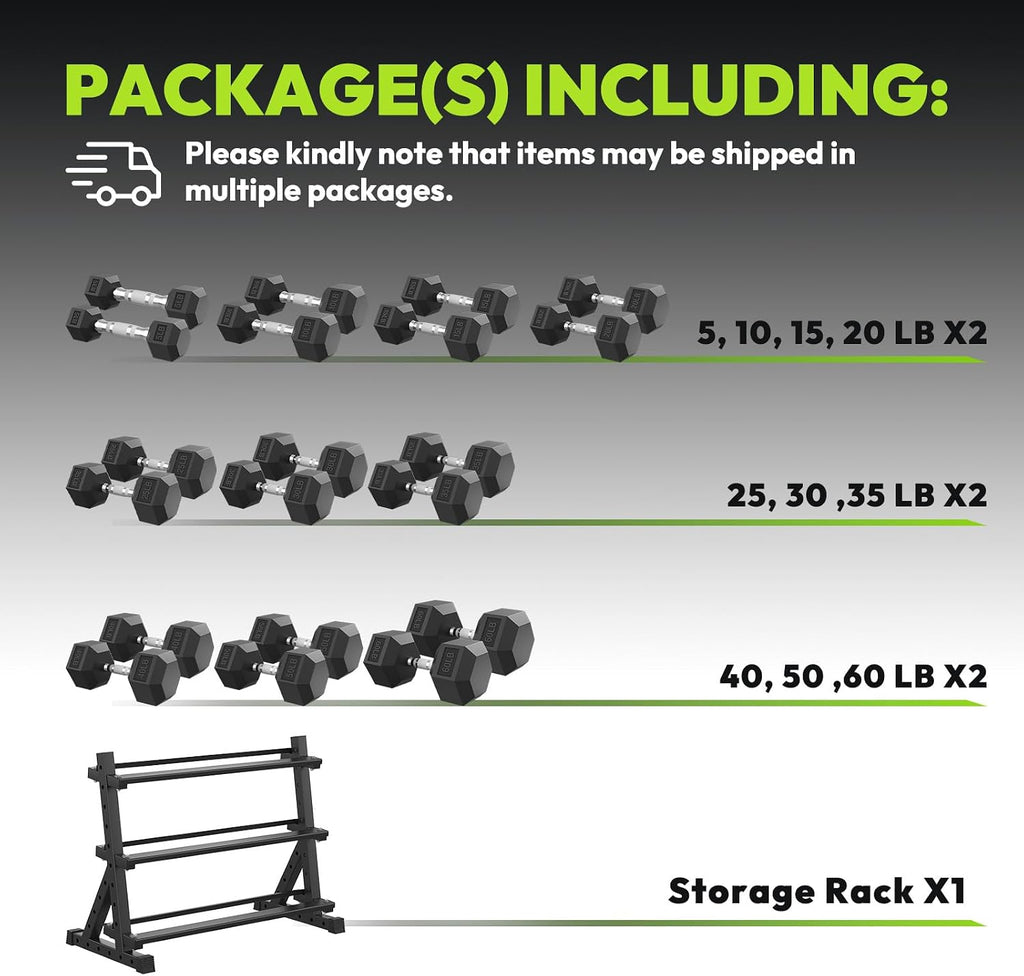 HANDBODE Hex Dumbbell Set with Rack, 300-840 lb Rubber Coated Fixed Weights Sets with Heavy Duty Storage Stand, Hexagon Shape, Multiple Weight Options Home Gym Equipment for Strength Training