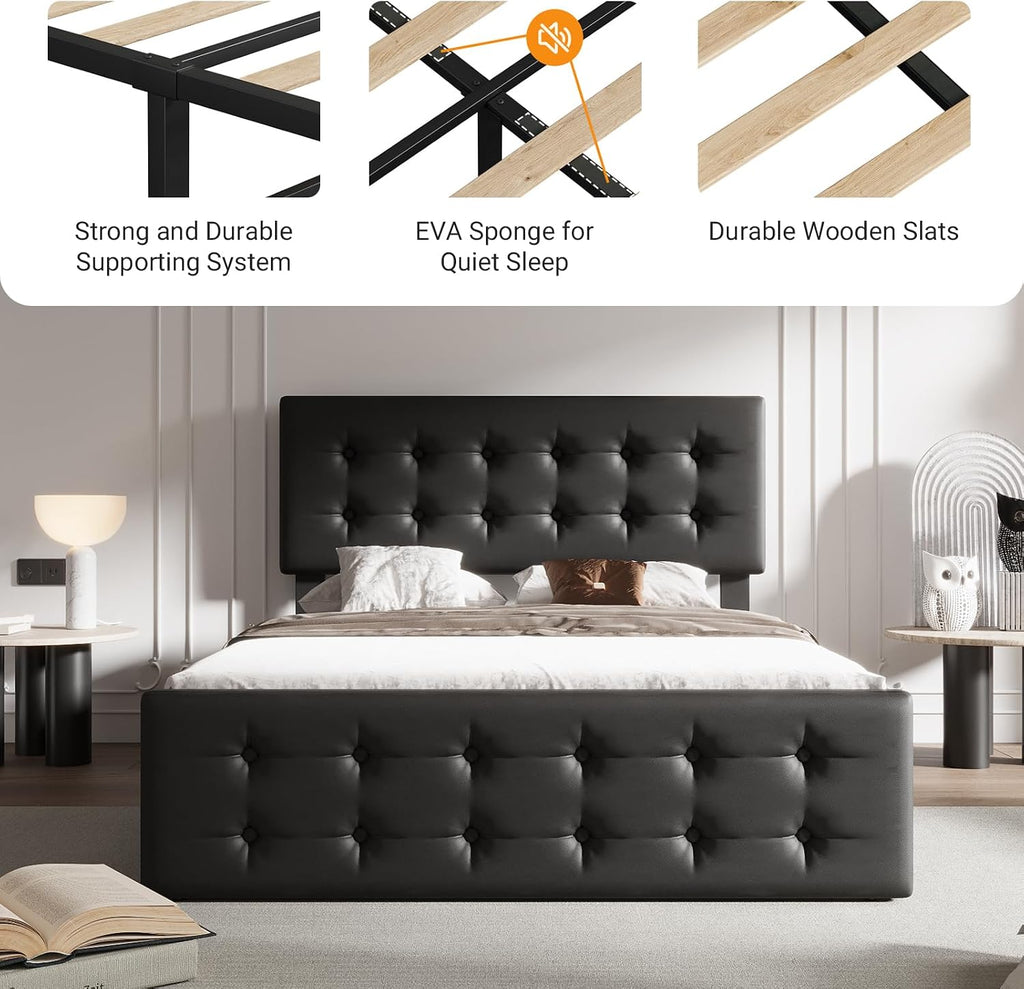 Full Size Platform Bed Frame with 4 Storage Drawers & Headboard, Faux Leather Upholstered, Button Tufted Design, Wooden Slats Support, Noise-Free Mattress Foundation, No Box Spring Needed, Black