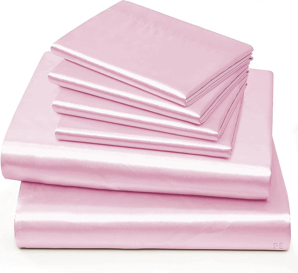 6 Piece Mulberry Silk Sheet Set Queen Size (60x80)+ Upto 16 Inch Deep Pocket Baby Pink Color Smooth Soft and Silk Bed Sheets Queen Size Bedding Set