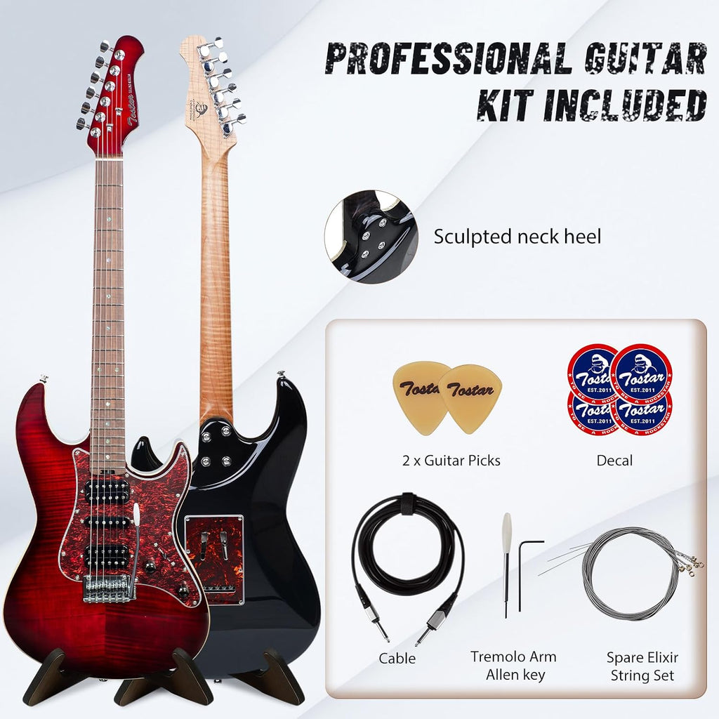 TOSTAR Electric Guitar with HSH Alnico 5 Pickups, Locking Tuners, Push-Pull Coil Split, Enhanced Sustain, Solid Body Electric Guitars for Advanced Players, Guitarra Electrica, Red