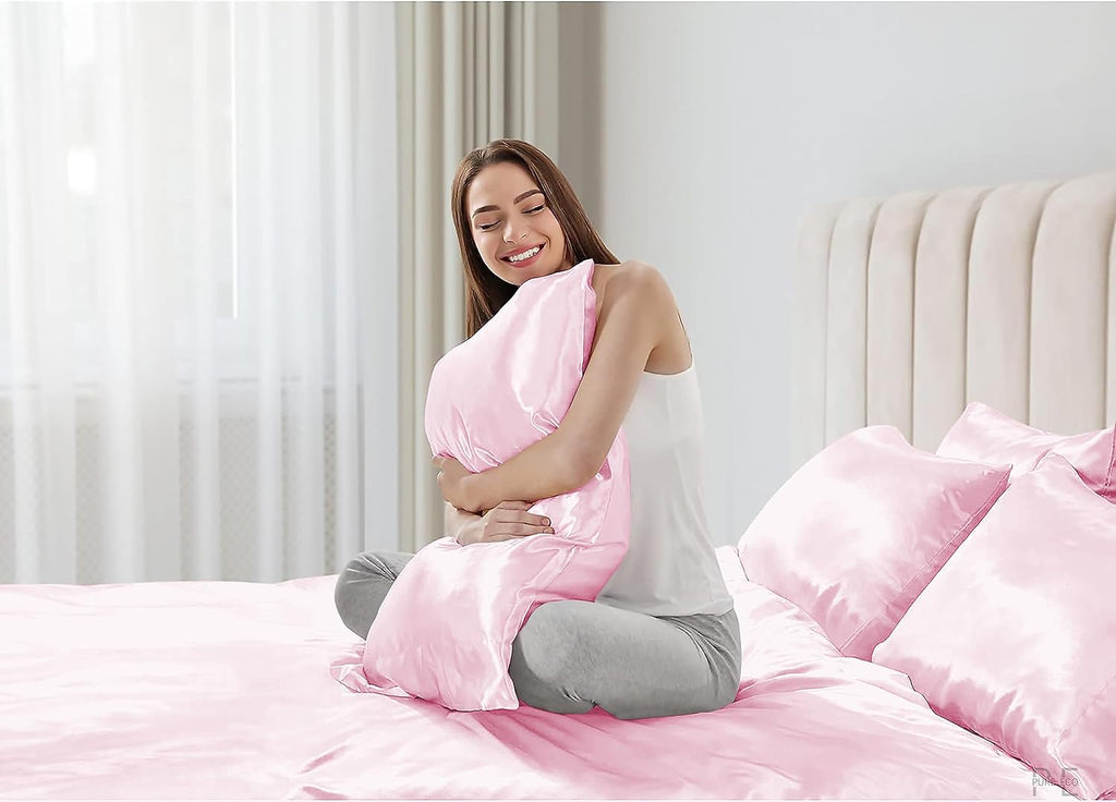 6 Piece Mulberry Silk Sheet Set Queen Size (60x80)+ Upto 16 Inch Deep Pocket Baby Pink Color Smooth Soft and Silk Bed Sheets Queen Size Bedding Set