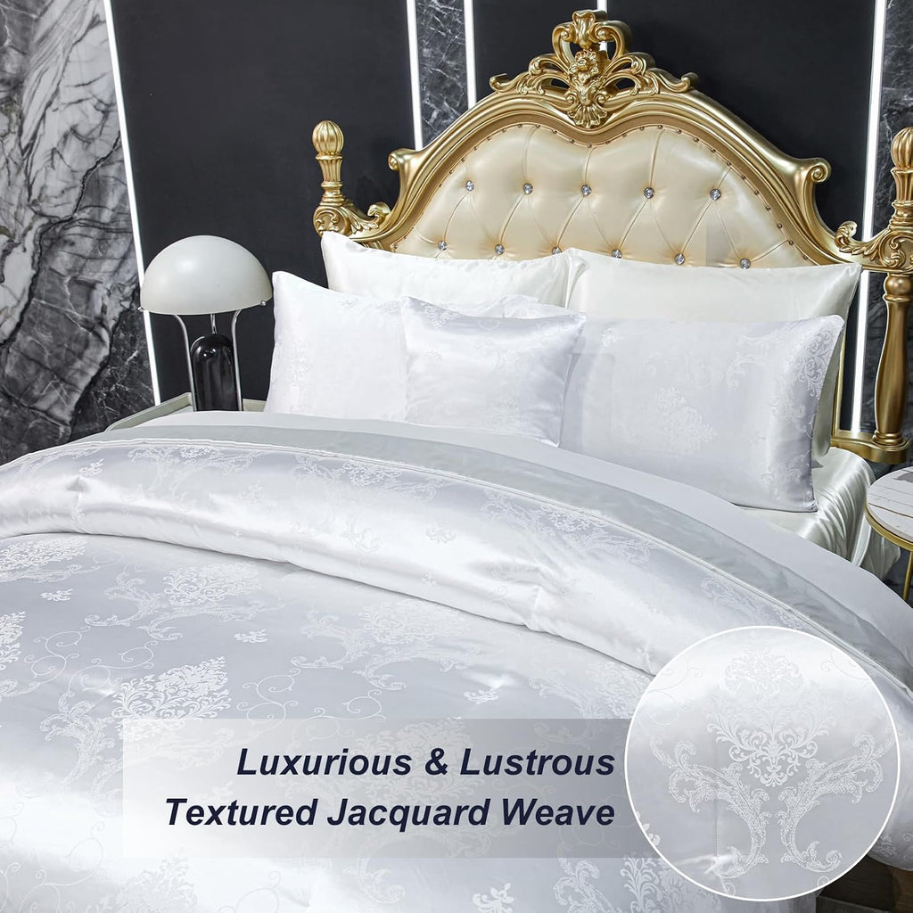 Jacquard Comforter Set White Sheet Set Satin Bedding Set King 8 Pcs Vintage Neoclassical Floral Bed Home Decor Soft Comforter Luxury Hotel Silky Bed in a Bag with 1 Cushion Cover