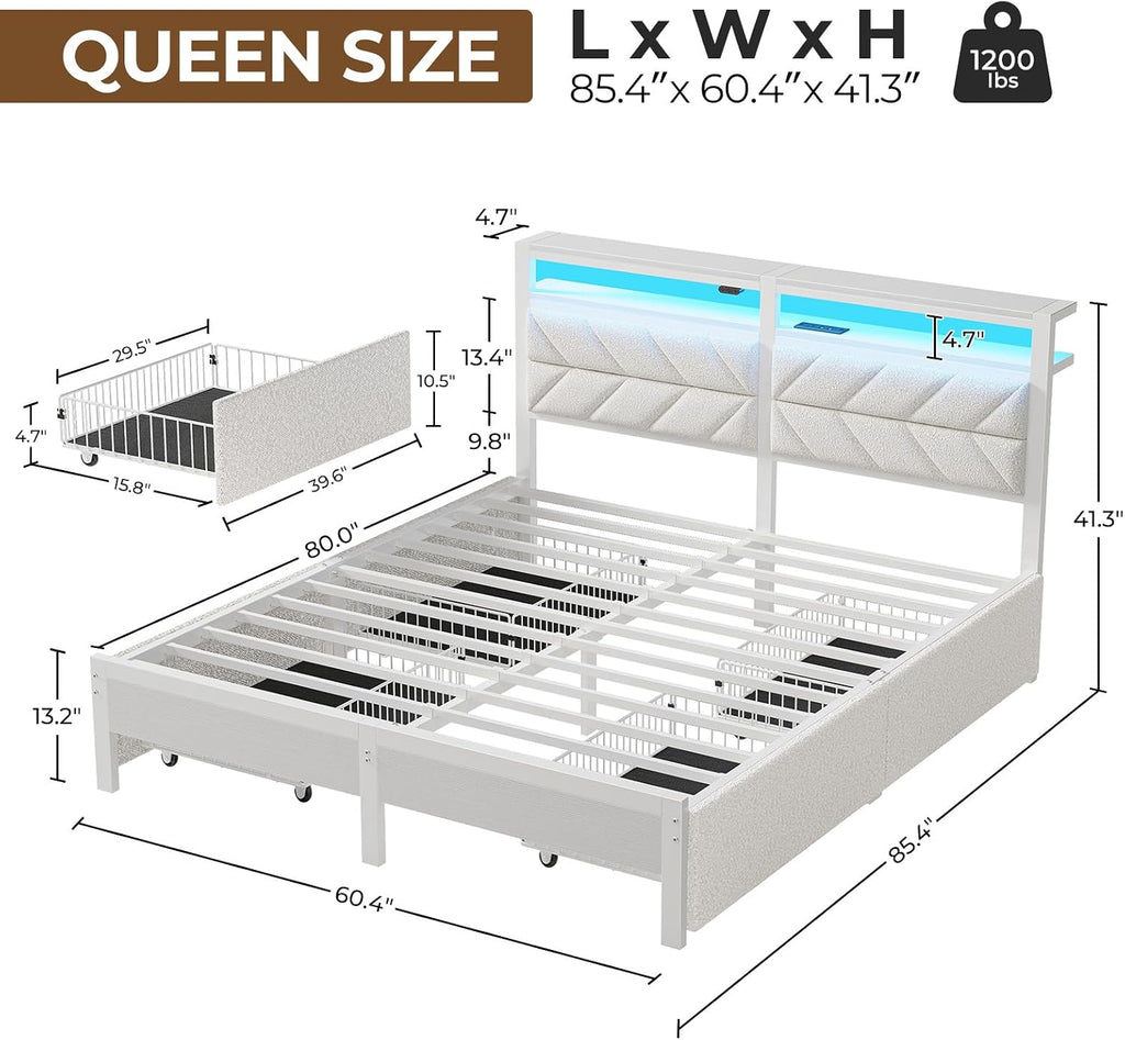 Seventable Queen Bed Frame with 4 Storage Drawers, Charging Station & LED Lights, Upholstered Headboard with 2-Tier Shelves, Metal Platform Bed, No Box Spring Needed, Noise-Free, White