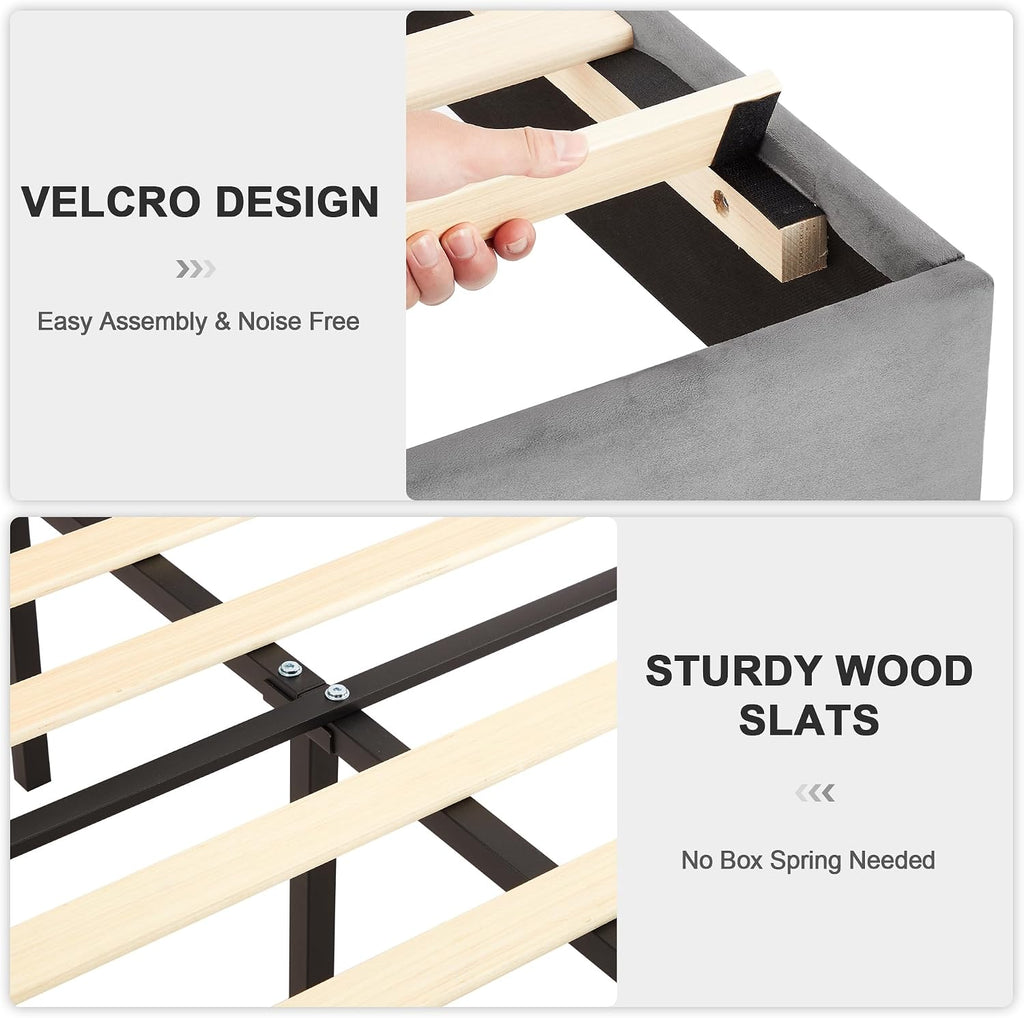 VECELO Full Bed Frame 4 Storage Drawers & Upholstered Platform &Tufted Adjustable Headboard/Mattress Foundation/Wood Slat Support,Easy Assembly,Dark Grey