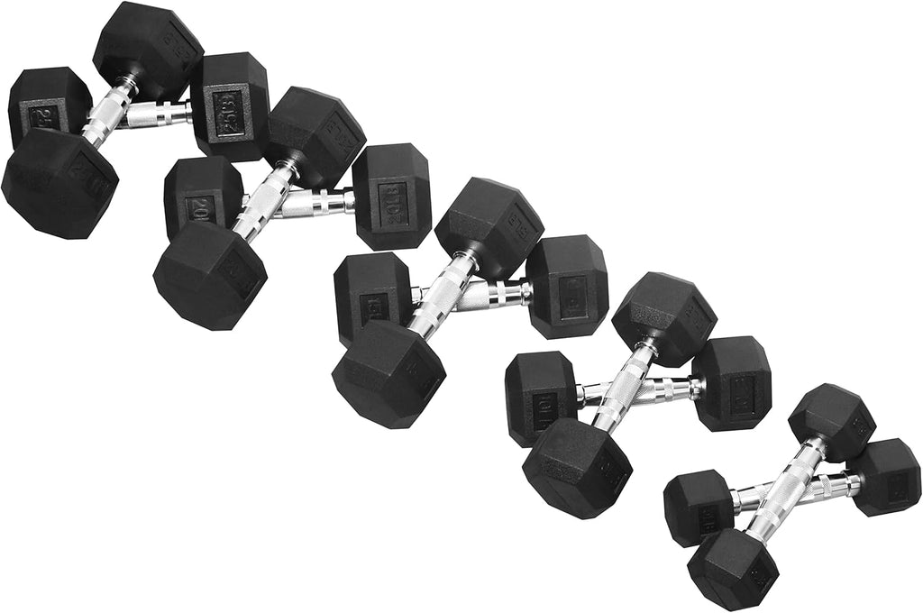 Signature Fitness Rubber Encased Hex Dumbbell, Set Including 5, 10, 15, 20, 25LB Pairs