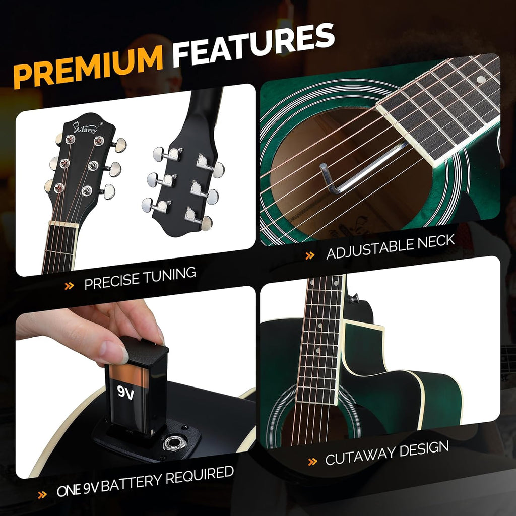 GLARRY Full Size 6 Strings Acoustic Electric Guitar Beginner Kit w/ 15W Amp, Cutaway 41 Inch Electric Acoustic Guitar w/Inbuilt Tuner, Bag, Strap, Picks, Strings, Basswood Guitarra, Distressed Green