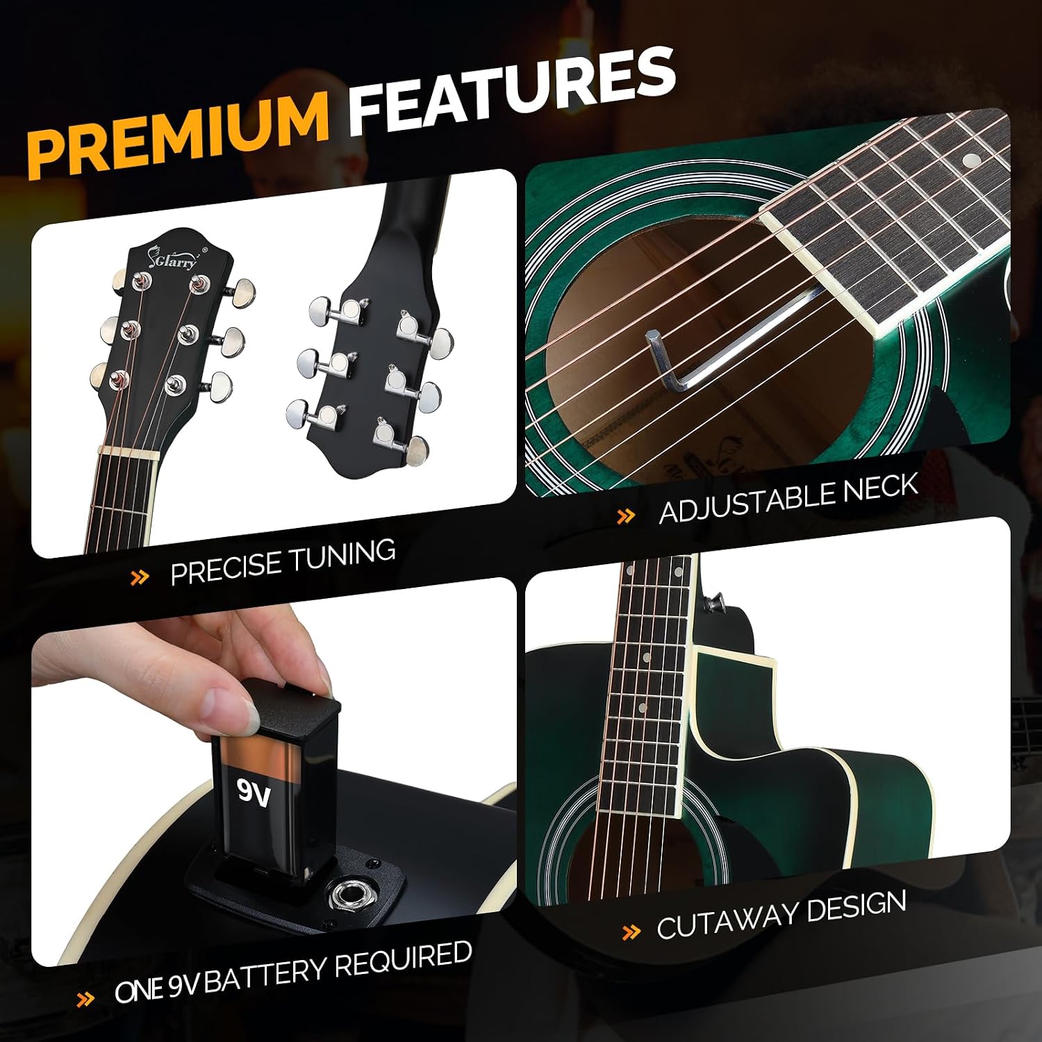 GLARRY Full Size 6 Strings Acoustic Electric Guitar Beginner Kit w/ 15W Amp, Cutaway 41 Inch Electric Acoustic Guitar w/Inbuilt Tuner, Bag, Strap, Picks, Strings, Basswood Guitarra, Distressed Green