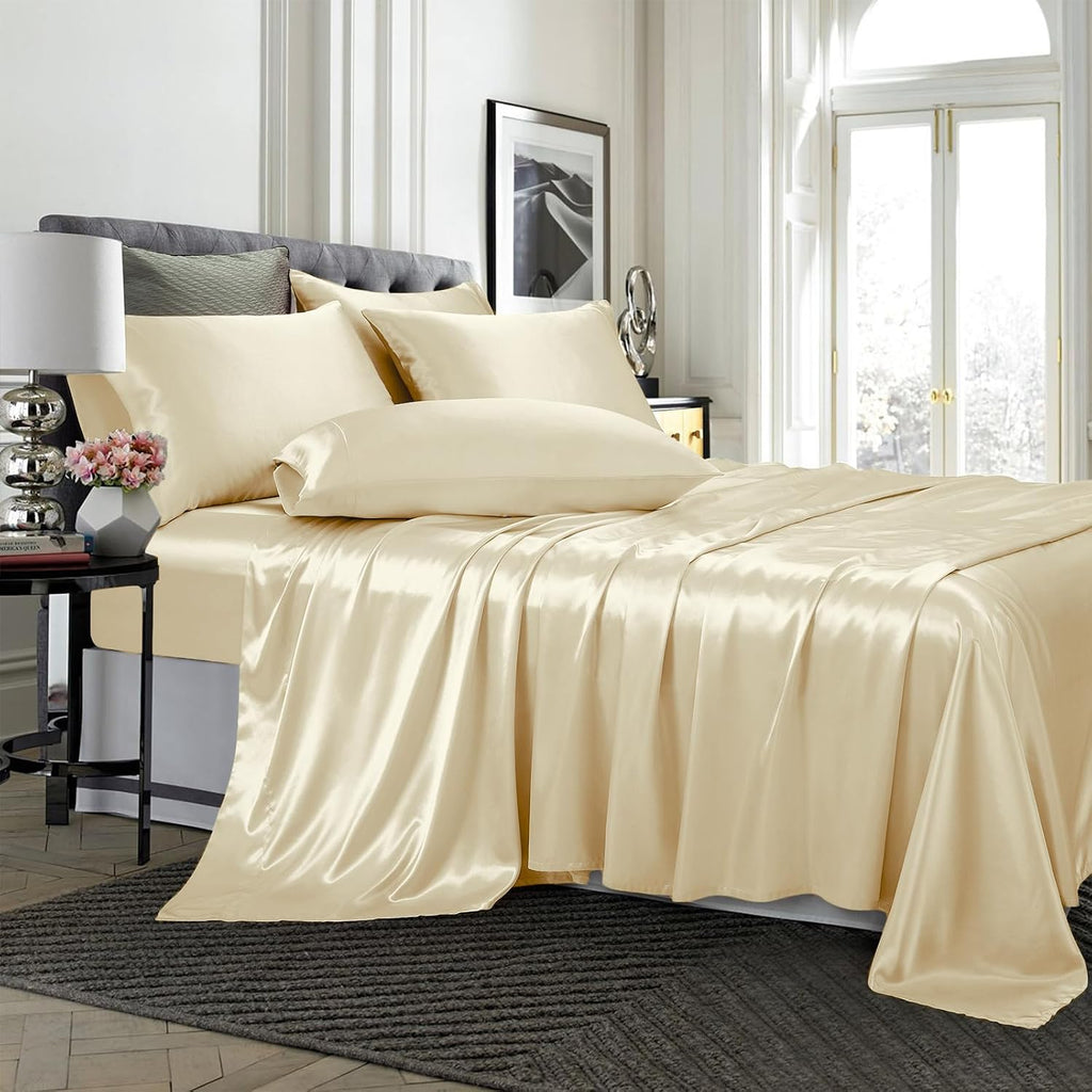 16 Momme 100% Mulberry Silk Bedding Set Full XL Size 4-Piece Luxury (2 Pillowcases, 1 Fitted Sheet, 1 Flat Sheet) - 6A Grade Natural Silk Fits 22-25' Deep Pocket (Solid, Beige)