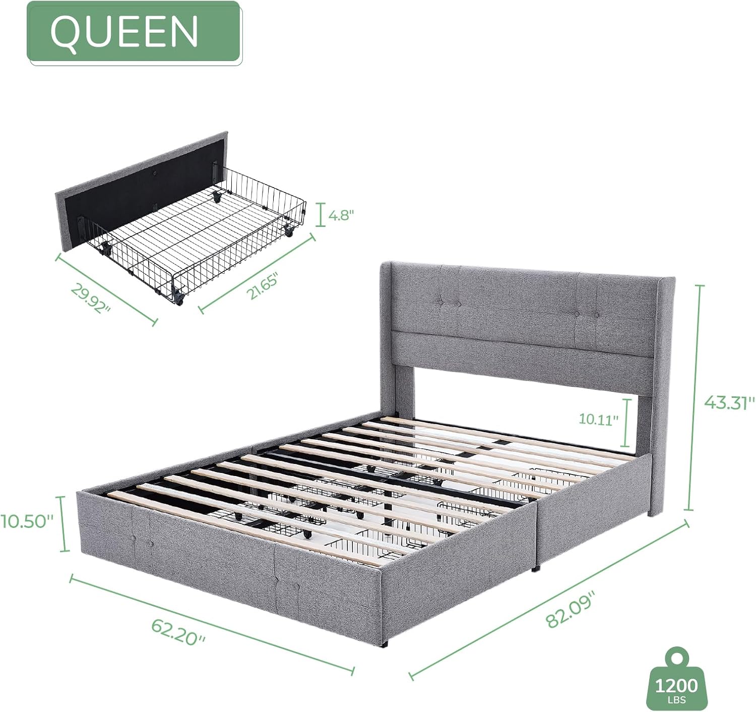 Novilla Queen Size Bed Frame Platform with 4 Storage Drawers and Fabric Upholstered Headboard, Strong Wooden Slats, Non-Slip and Noise-Free Queen Bed Frame, Easy Assembly, Grey