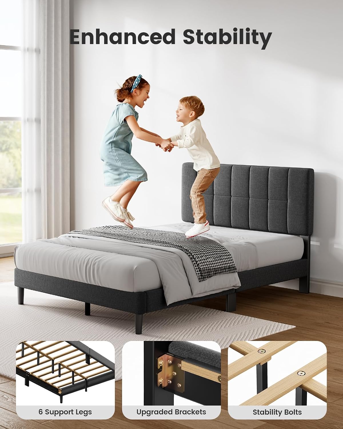 Pipishell Queen Size Upholstered Platform Bed Frame with 3-Height Adjustable Headboard, Fully Upholstered Mattress Foundation, Strong Weight Capacity, Wooden Slats Support, No Box Spring Needed, Grey