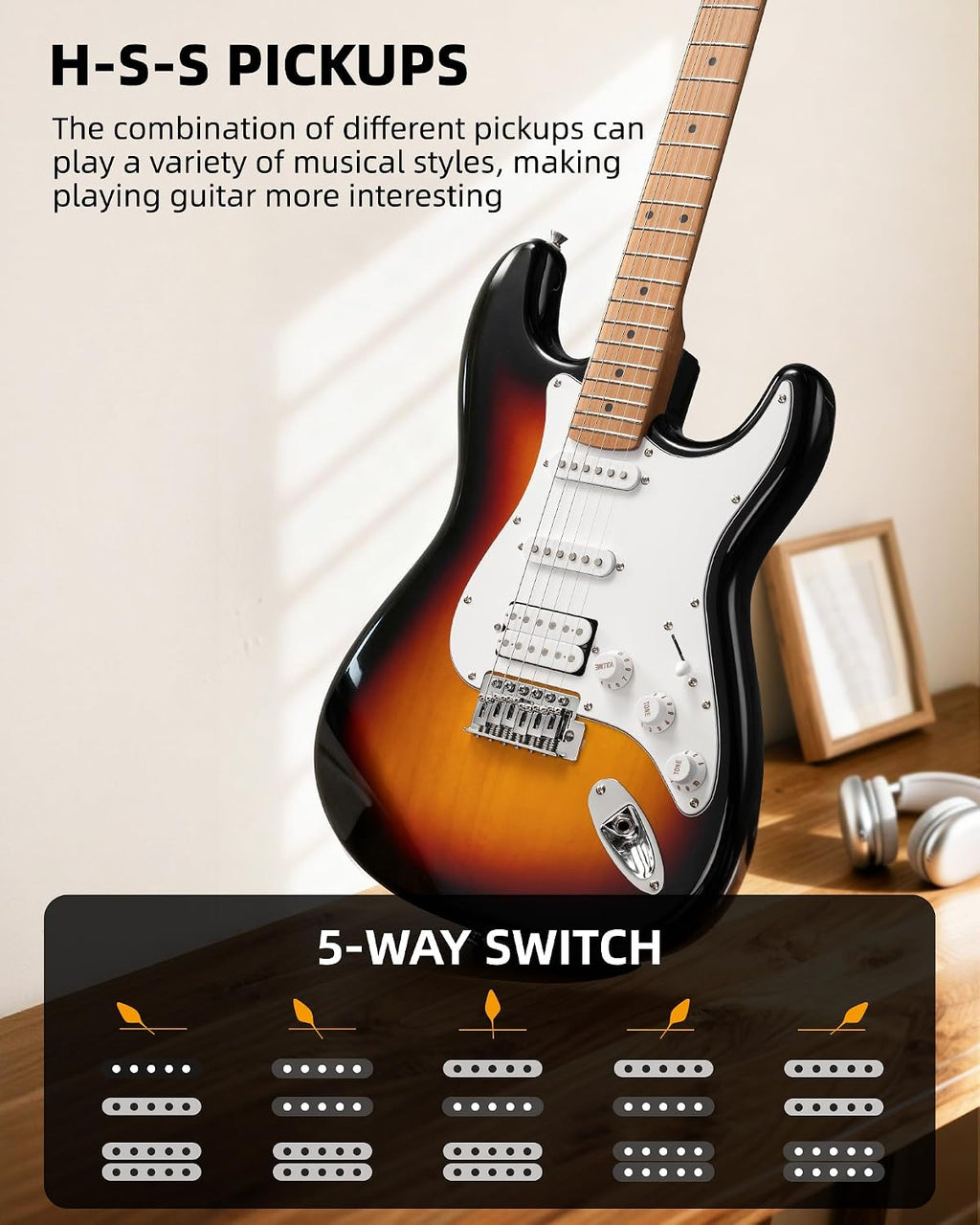 LEKATO Electric Guitar Kit Beginner 39 Inch Full Size Solid Body Guitar HSS for Starter Roasted Maple Neck Fretboard Stainless Steel Frets, 5W Mini Amp, Bag, Tuner, Capo, Strap, String, Picks-Sunburst
