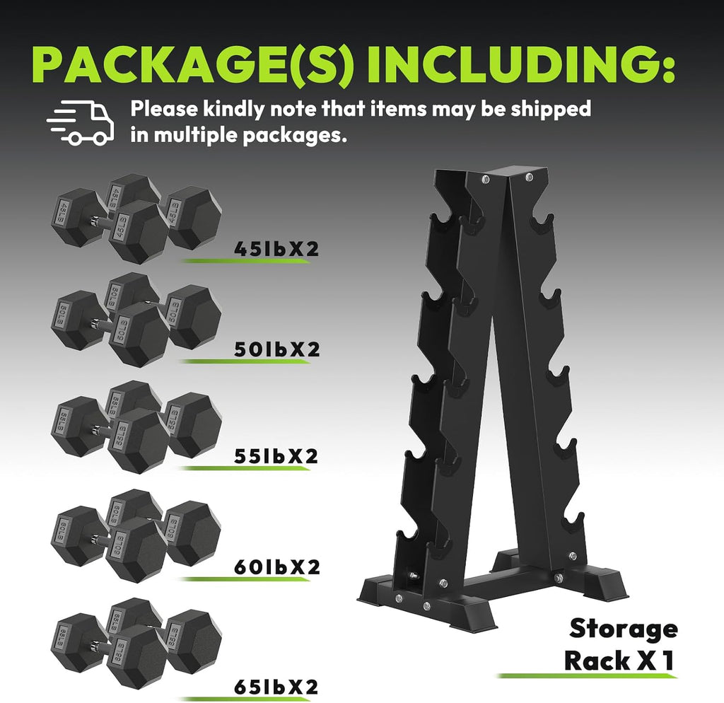 HANDBODE Hex Dumbbell Sets with Rack, 100-165 lb Rubber Encased Dumbbells for Strength Training, Exercise & Fitness, Home Gym Weight Set with Rack