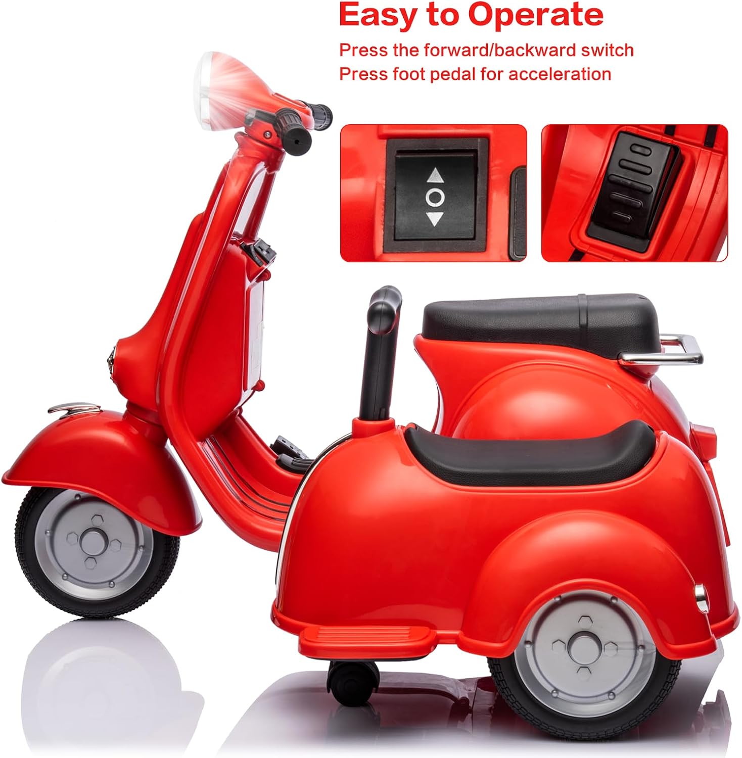 Licensed Vespa Kids Ride On Car with Side Car & Speaker | Motorcycle 2 Seater Three Wheeled Toy Car Rechargeable with Music Player, Volume Button, Lights, USB Plug, Forward, Backward, Red