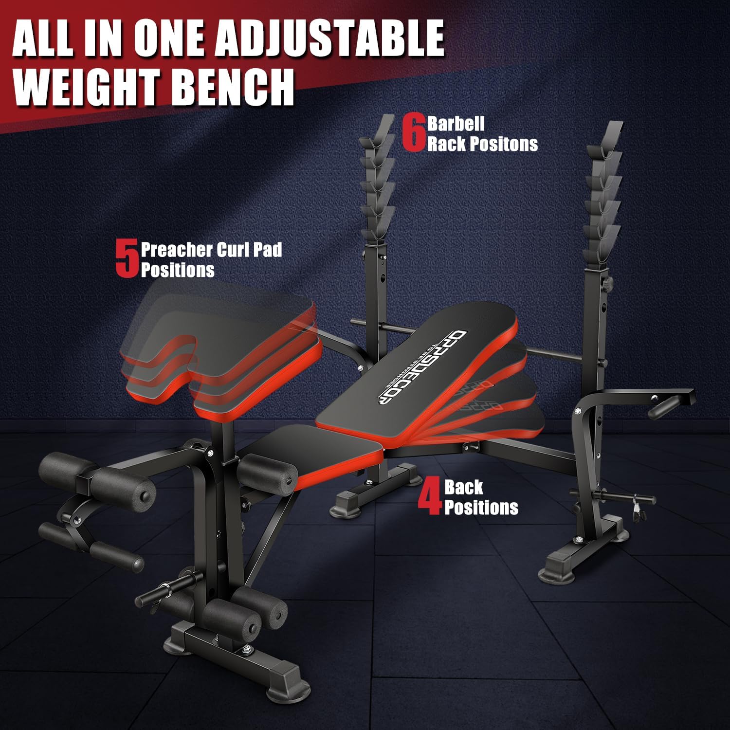 OPPSDECOR 900lbs 6 in 1 Weight Bench Set with Squat Rack, Workout Bench with Leg Extension Preacher Curl Rack Multi-Function Bench Press Set for Home Gym, ZWX1113 New Version Weight Bench