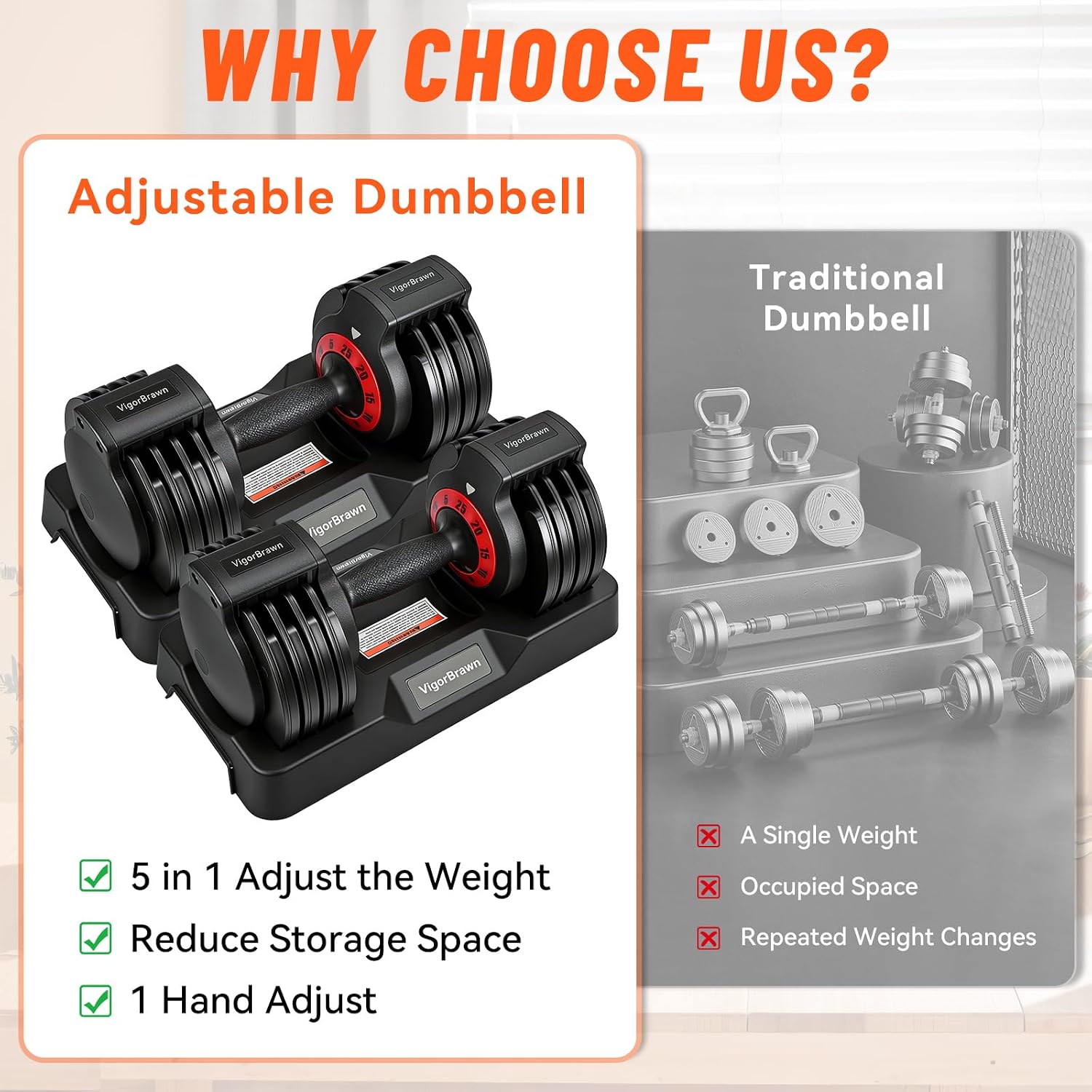 Adjustable Dumbbell Set, 2-in-1 Weights with Anti-Slip Handle, Fast Weight Adjustment for Home Gym, Strength Training, Single/Pair with Tray